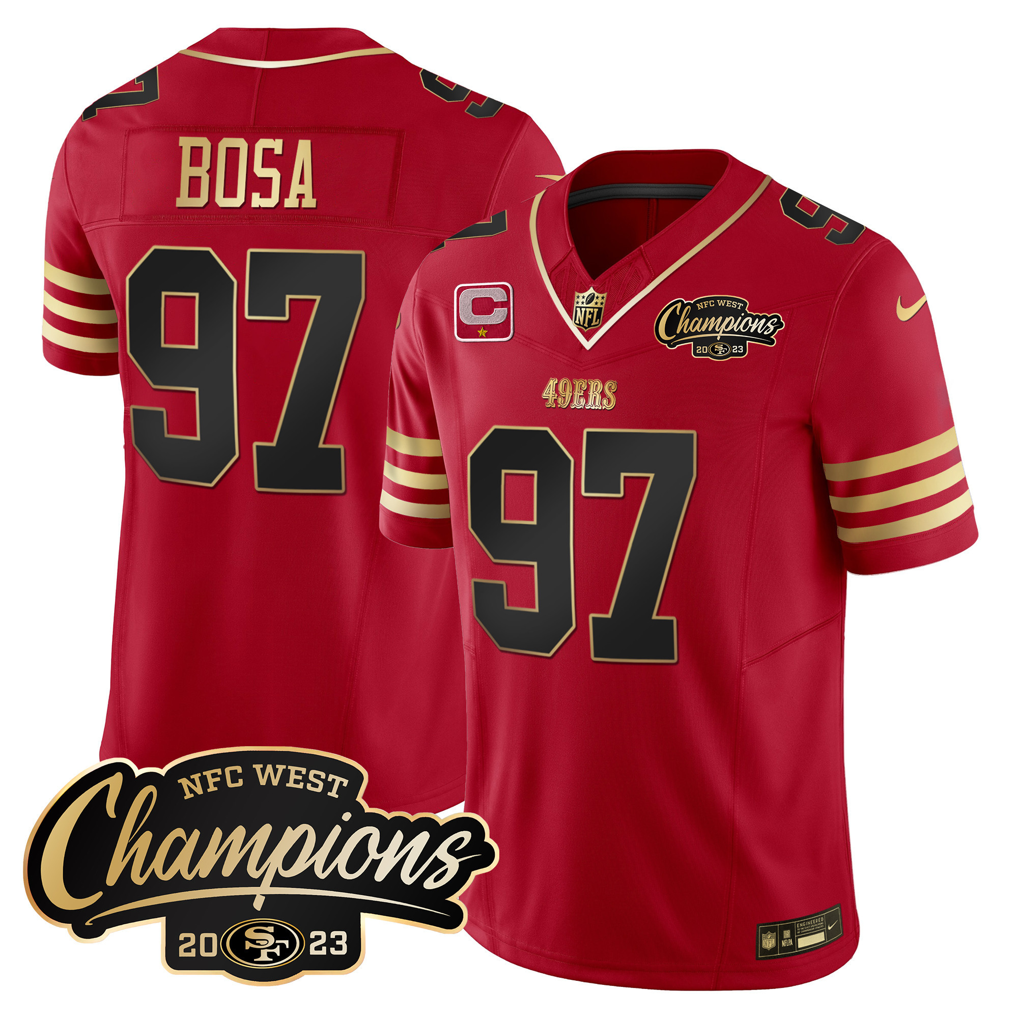 Men's Nick Bosa San Francisco 49ers 2023 NFC West Champions Patch Vapor Black Scarlet Jersey - All Stitched