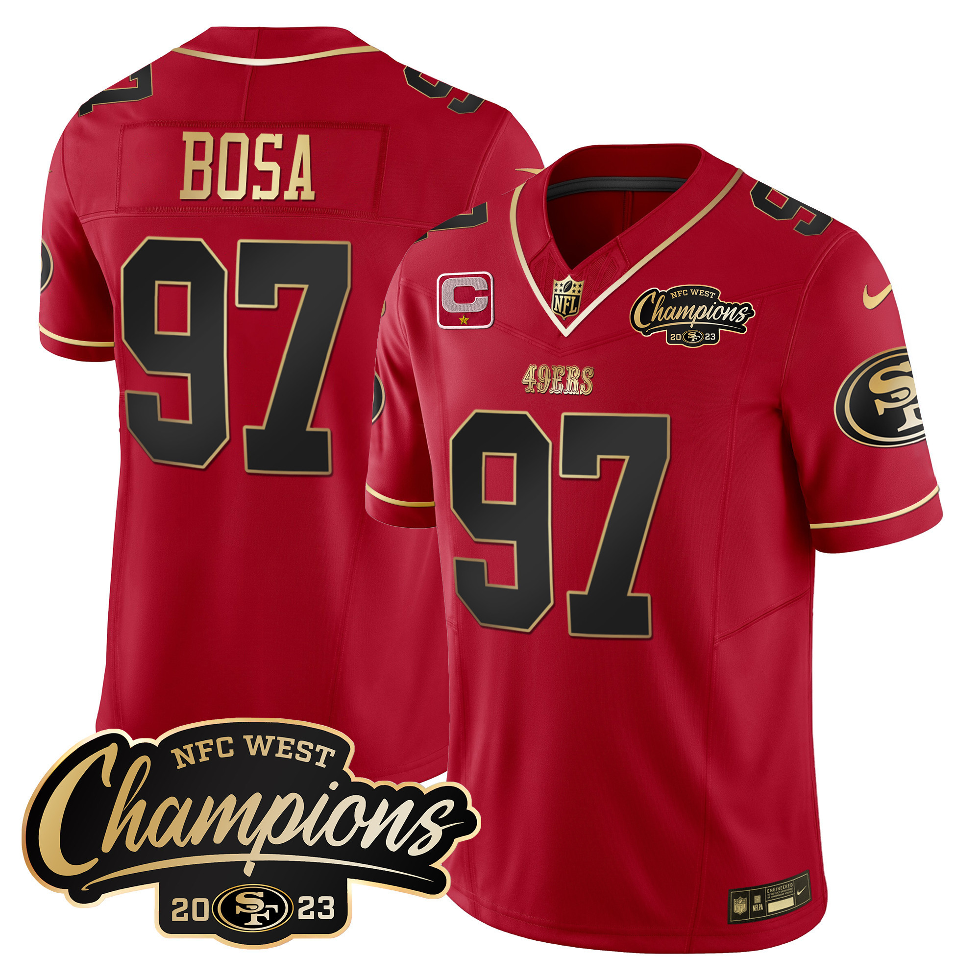 Men's Nick Bosa San Francisco 49ers 2023 NFC West Champions Patch Vapor Scarlet Limited Jersey - All Stitched