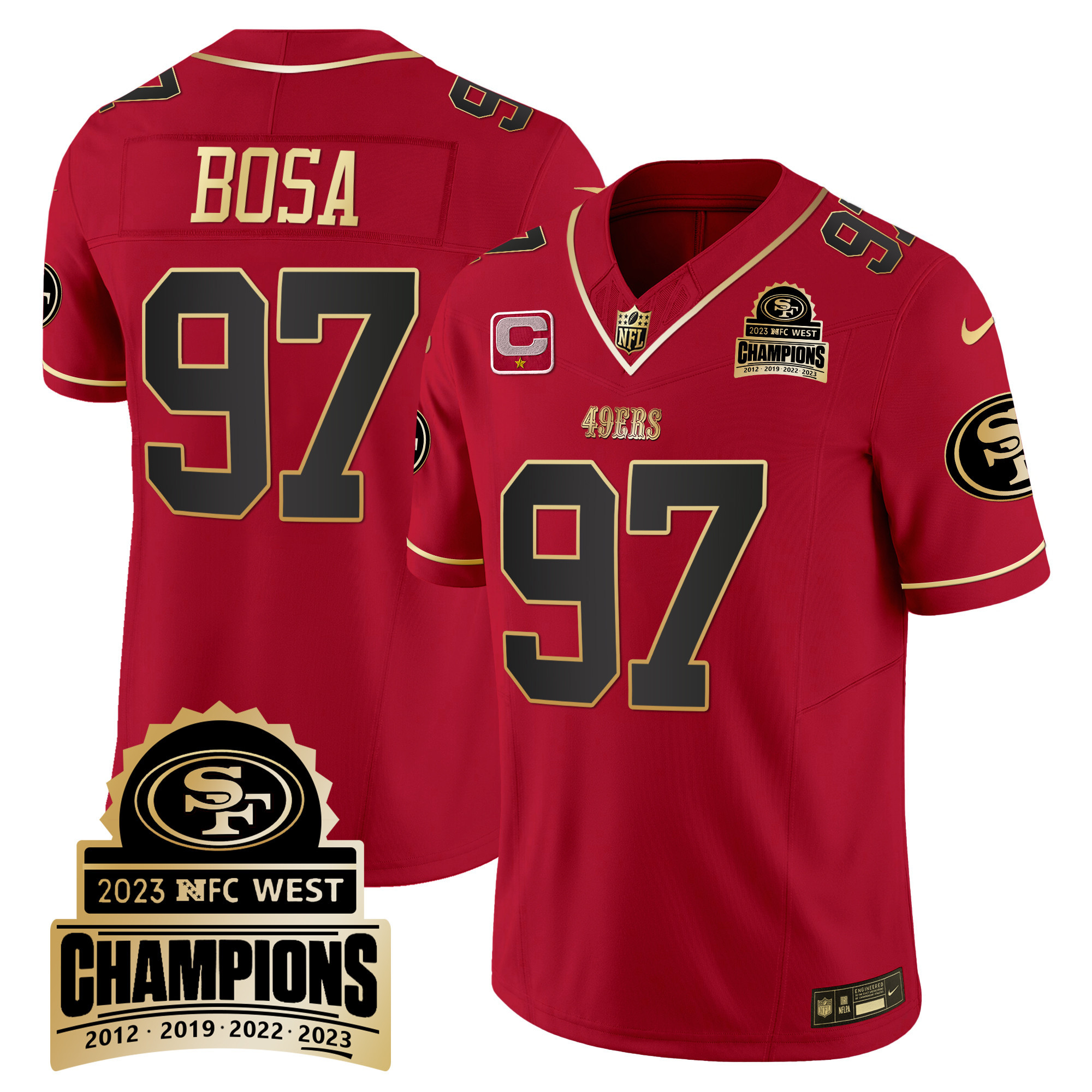 Men's Nick Bosa San Francisco 49ers 2023 NFC West Champions Patch Vapor Scarlet Limited Jersey V4 - All Stitched