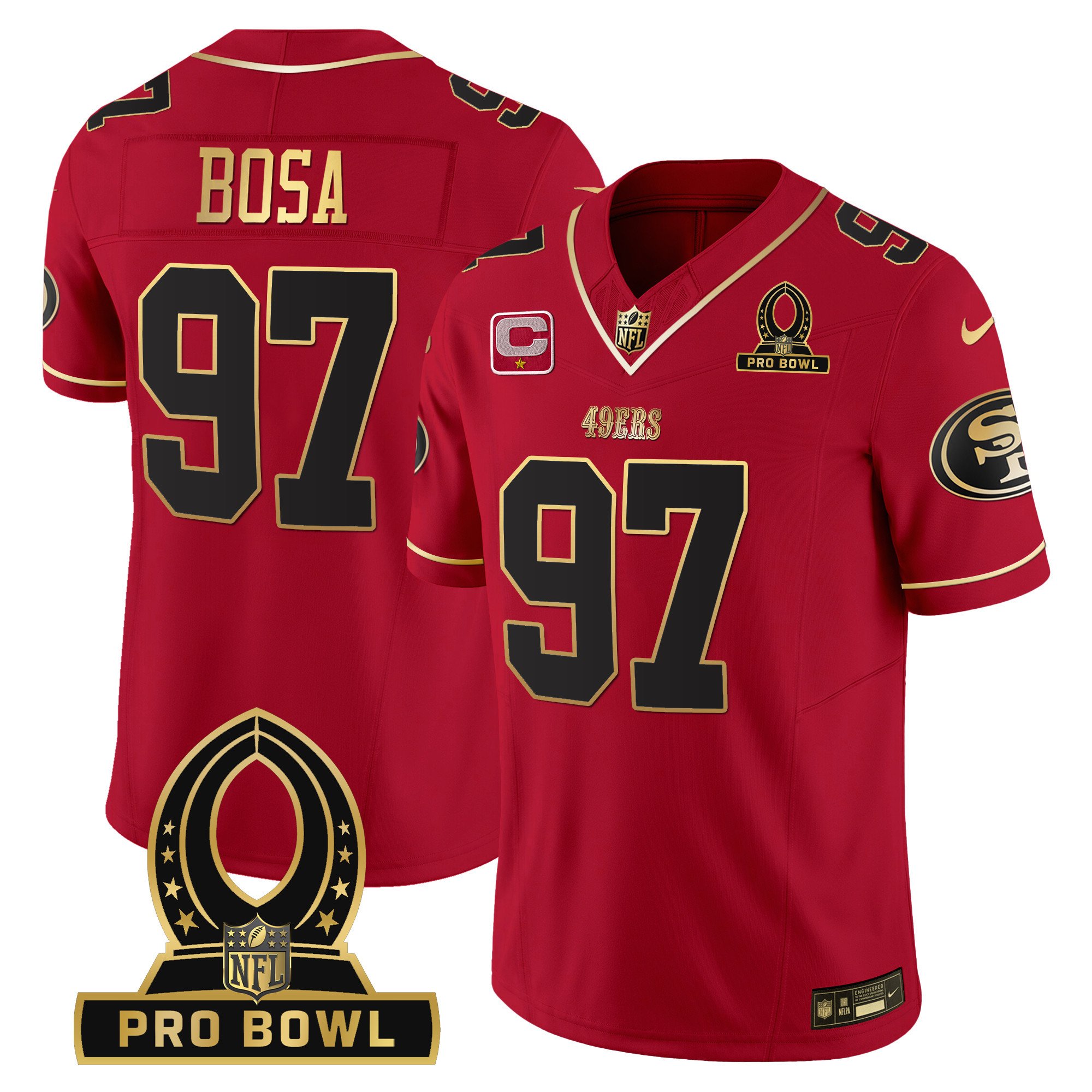 Men's Nick Bosa San Francisco 49ers 2024 Pro Bowl Patch Vapor Scarlet Limited Jersey - All Stitched