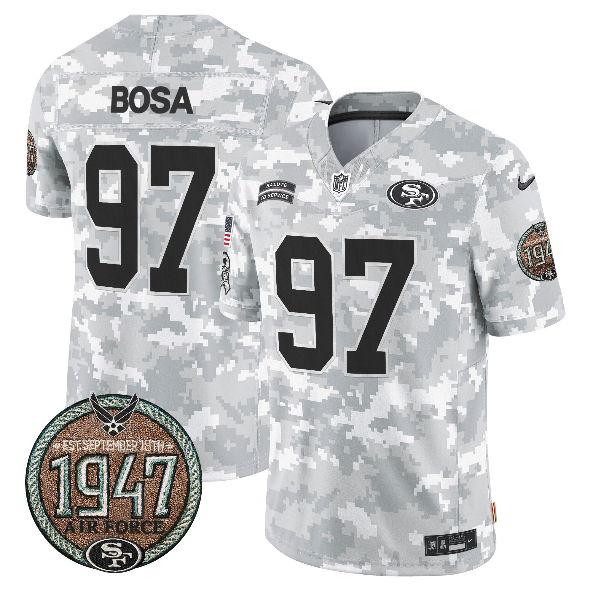 Men's Nick Bosa San Francisco 49ers 2024 Salute to Service Establishment Year Patch Vapor Limited Air Force Jersey - All Stitched