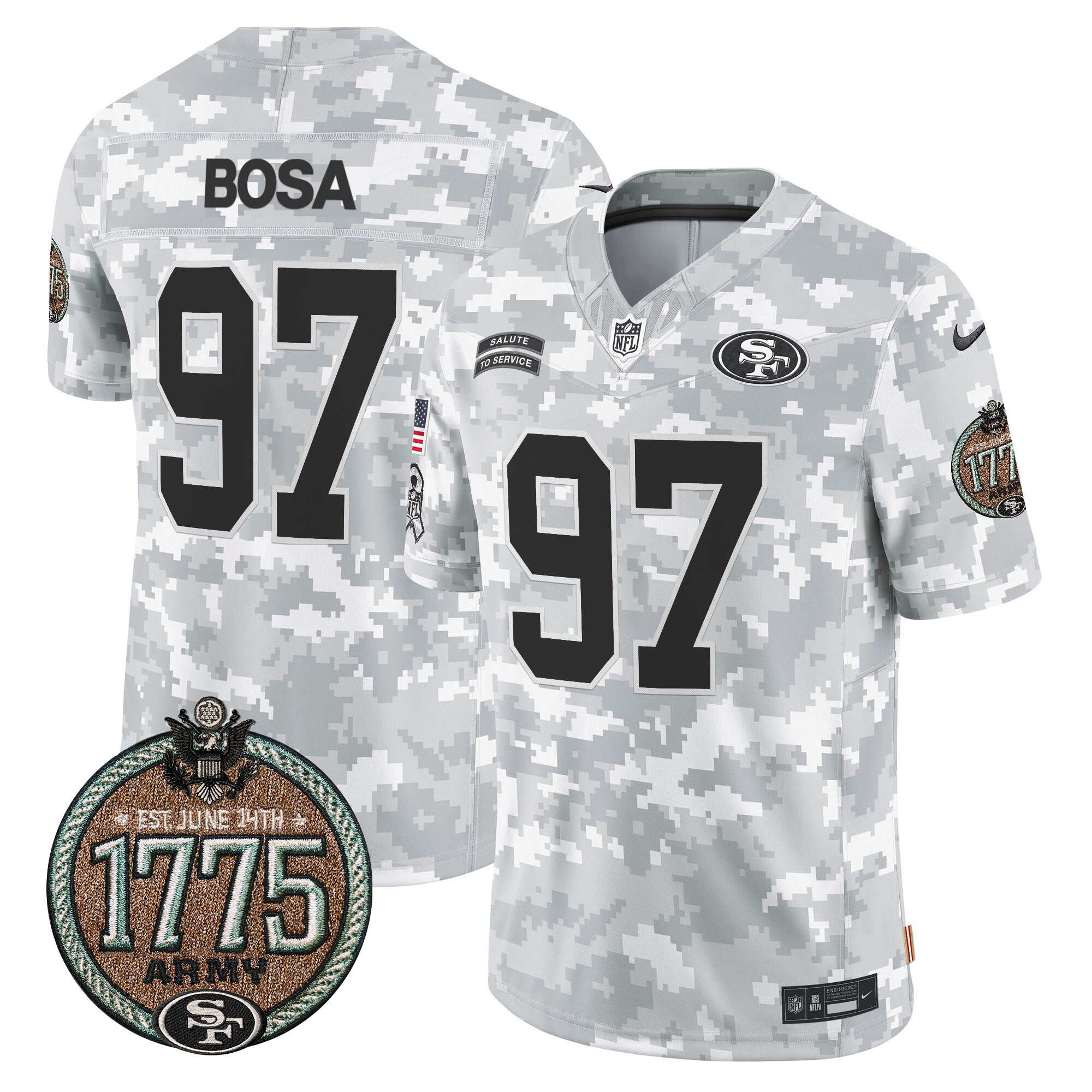 Men's Nick Bosa San Francisco 49ers 2024 Salute to Service Establishment Year Patch Vapor Limited Army Jersey - All Stitched