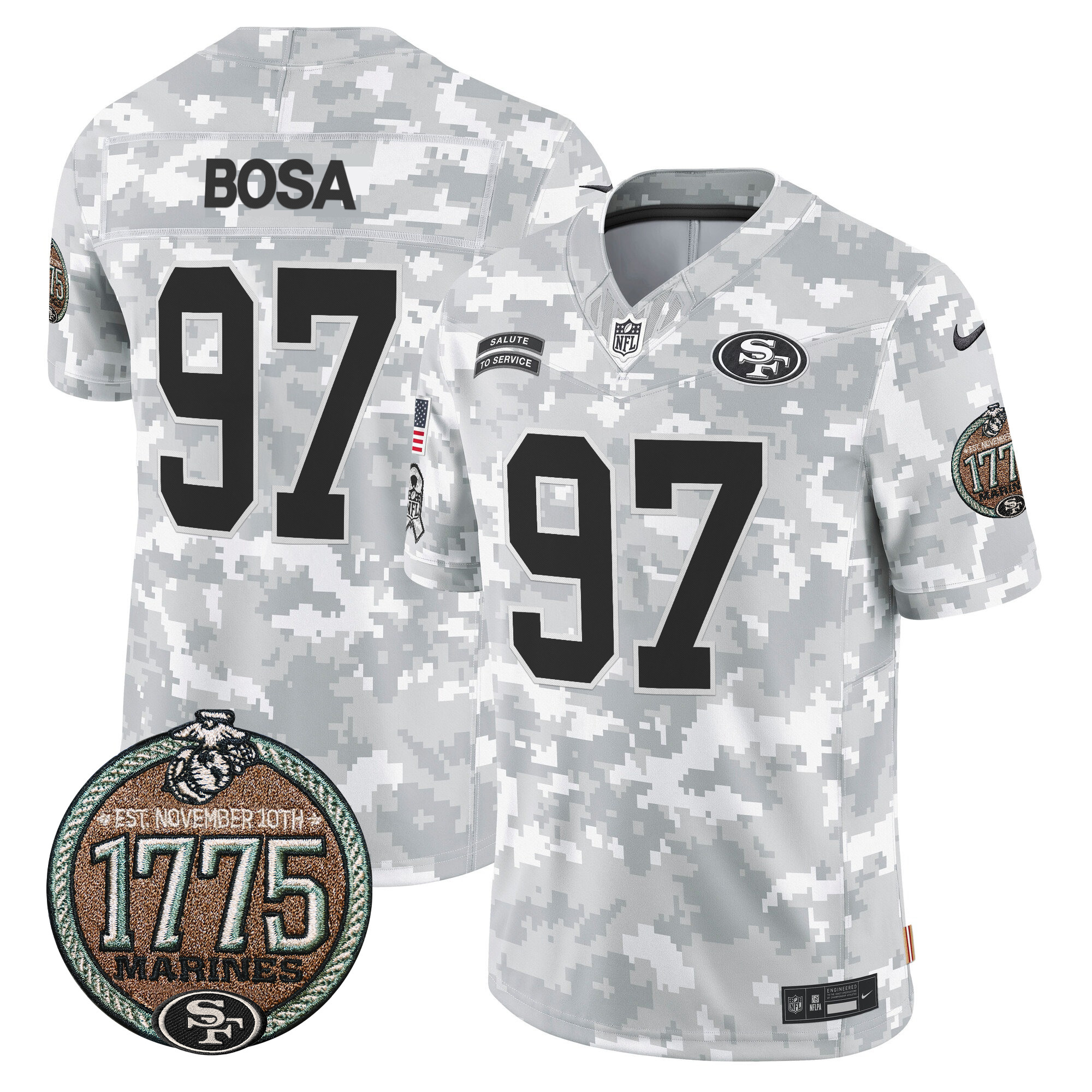Men's Nick Bosa San Francisco 49ers 2024 Salute to Service Establishment Year Patch Vapor Limited Marines Jersey - All Stitched