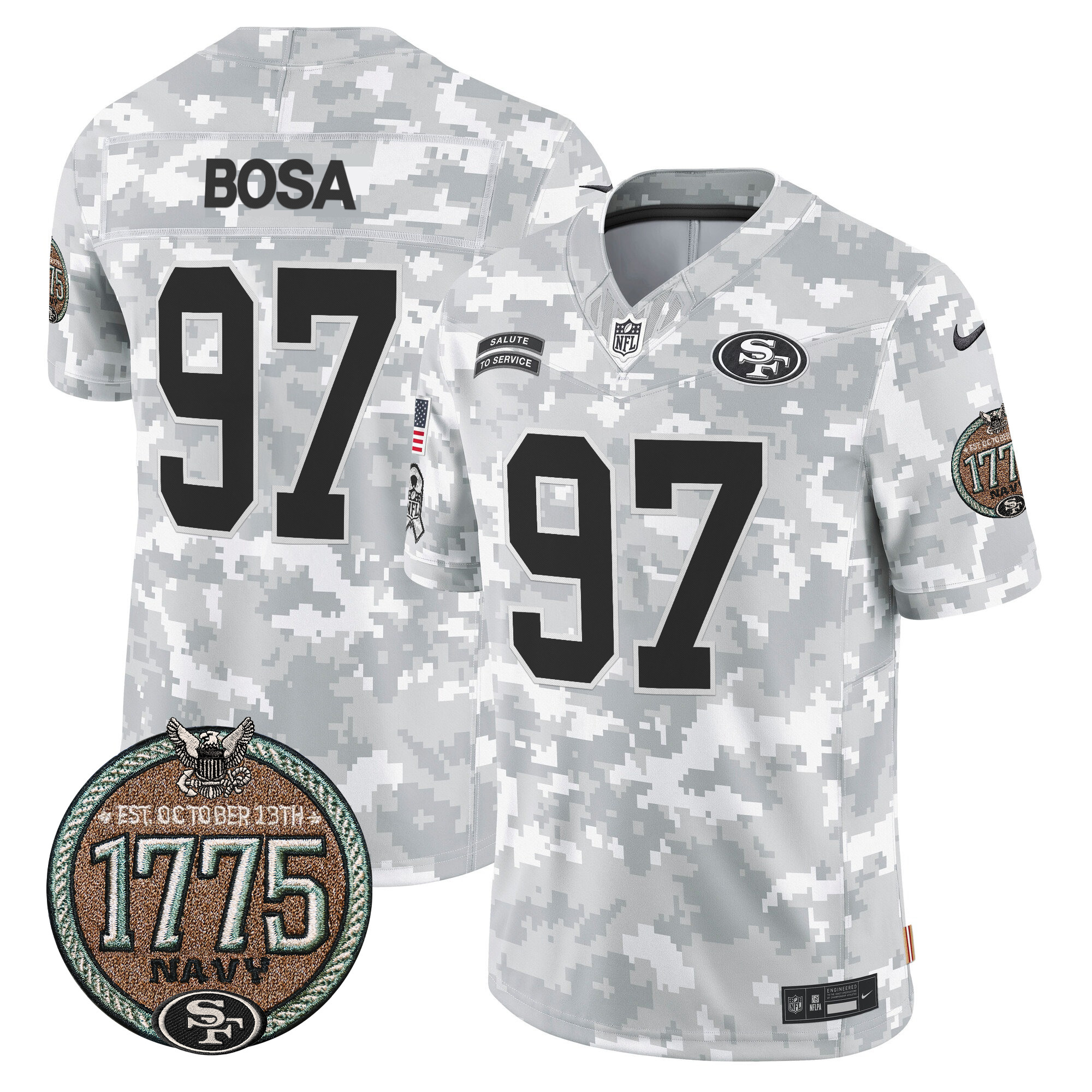 Men's Nick Bosa San Francisco 49ers 2024 Salute to Service Establishment Year Patch Vapor Limited Navy Jersey - All Stitched