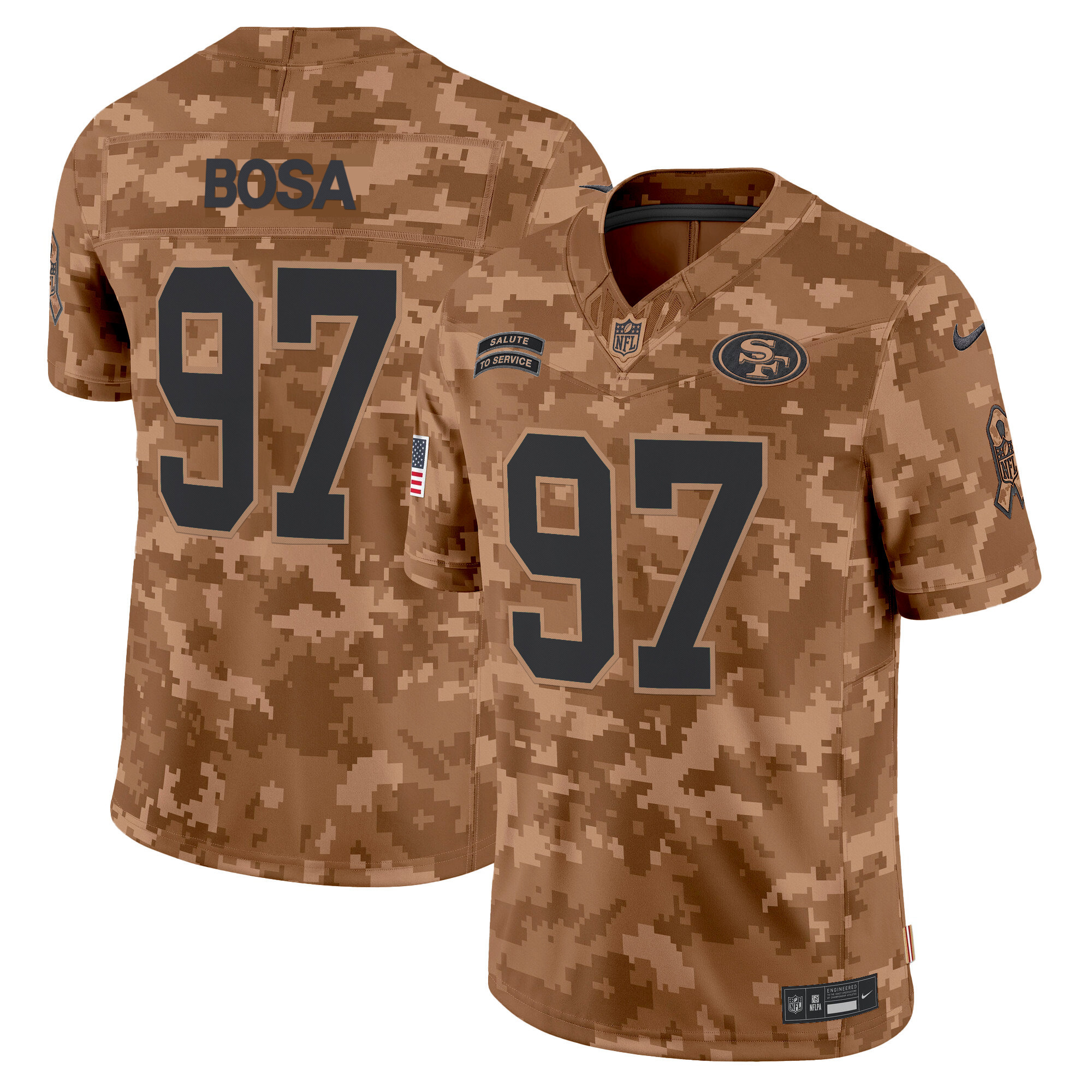 Men's Nick Bosa San Francisco 49ers 2024 Salute to Service Vapor Limited Brown Camo Jersey - All stitched