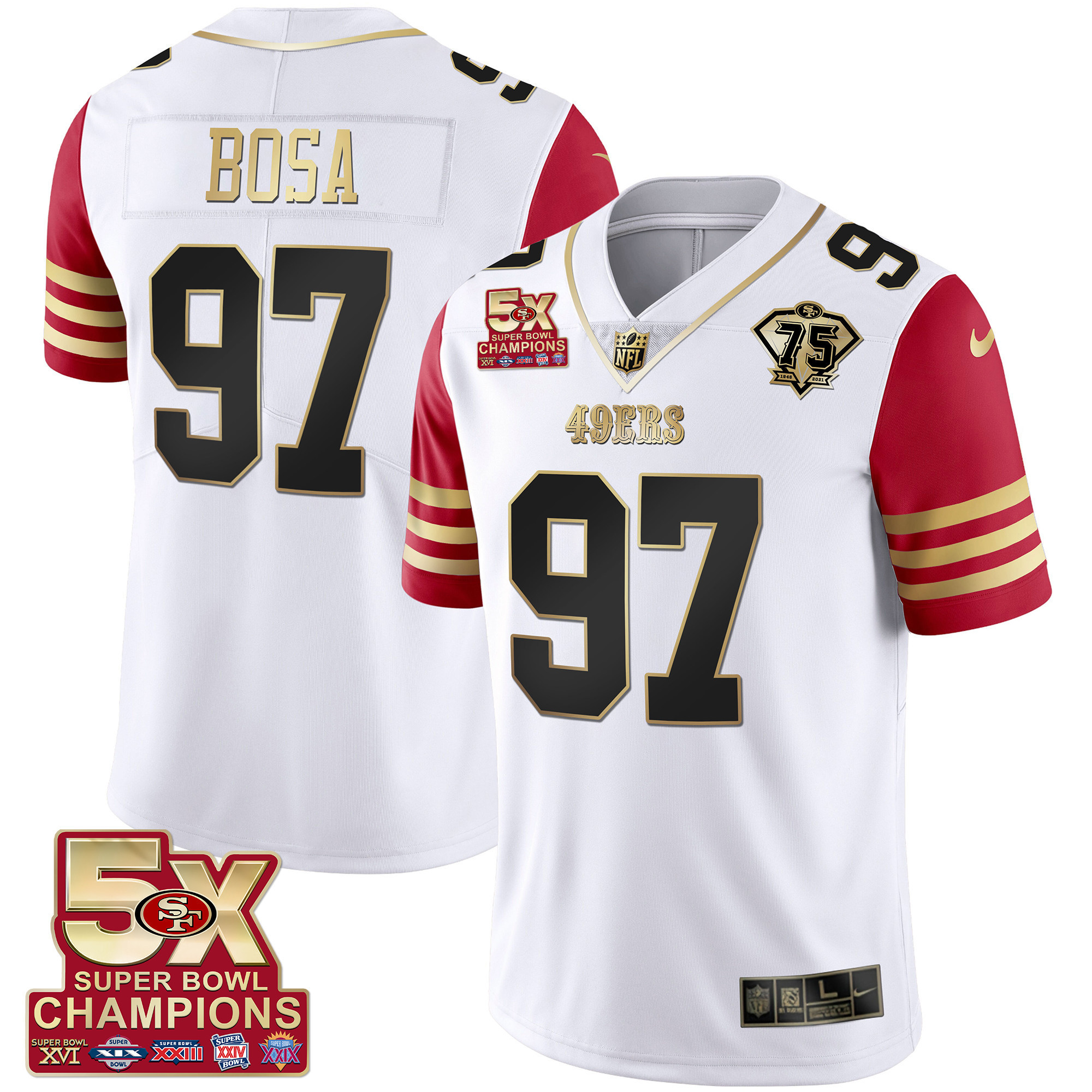 Men's Nick Bosa San Francisco 49ers 5x Super Bowl Patch Black Red Vapor Red Sleeve Jersey - Stitched