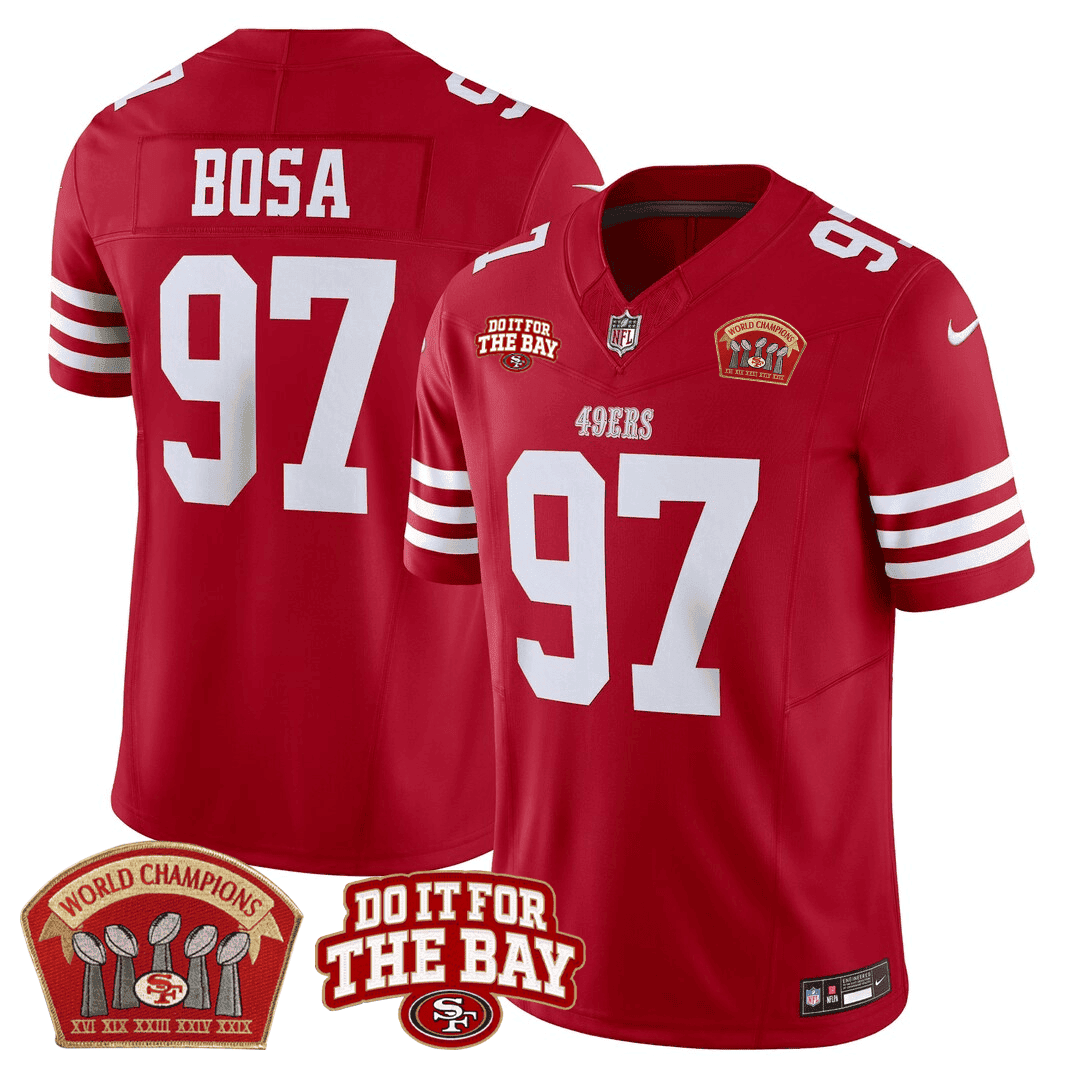 Men's Nick Bosa San Francisco 49ers 5x World Champions & "Do It For The Bay" Patch Limited Red Jersey - All Stitched