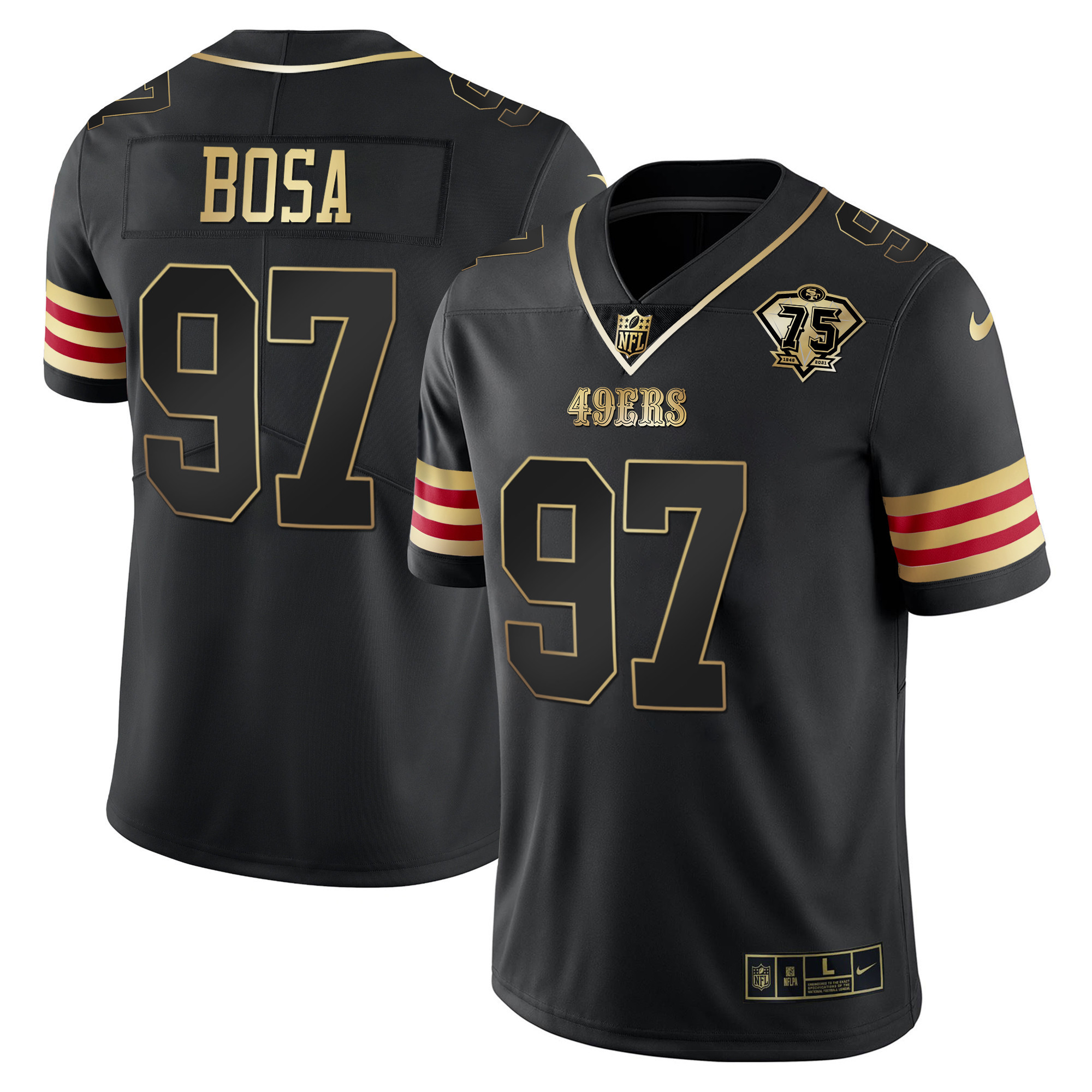 Men's Nick Bosa San Francisco 49ers 75th Anniversary Patch Vapor Gold Black Gold Jersey V2 - All Stitched