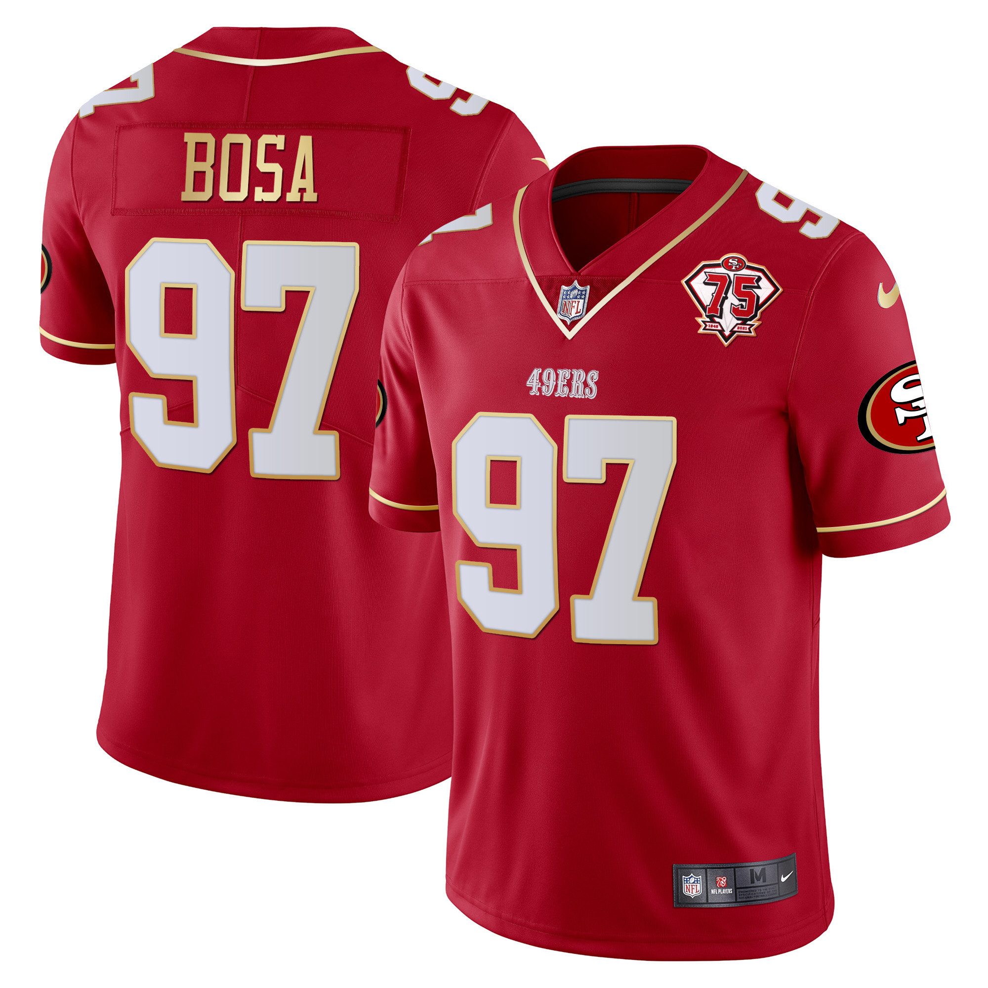Men's Nick Bosa San Francisco 49ers 75th Anniversary Patch Vapor Gold Trim Red Gold Jersey V2 - All Stitched