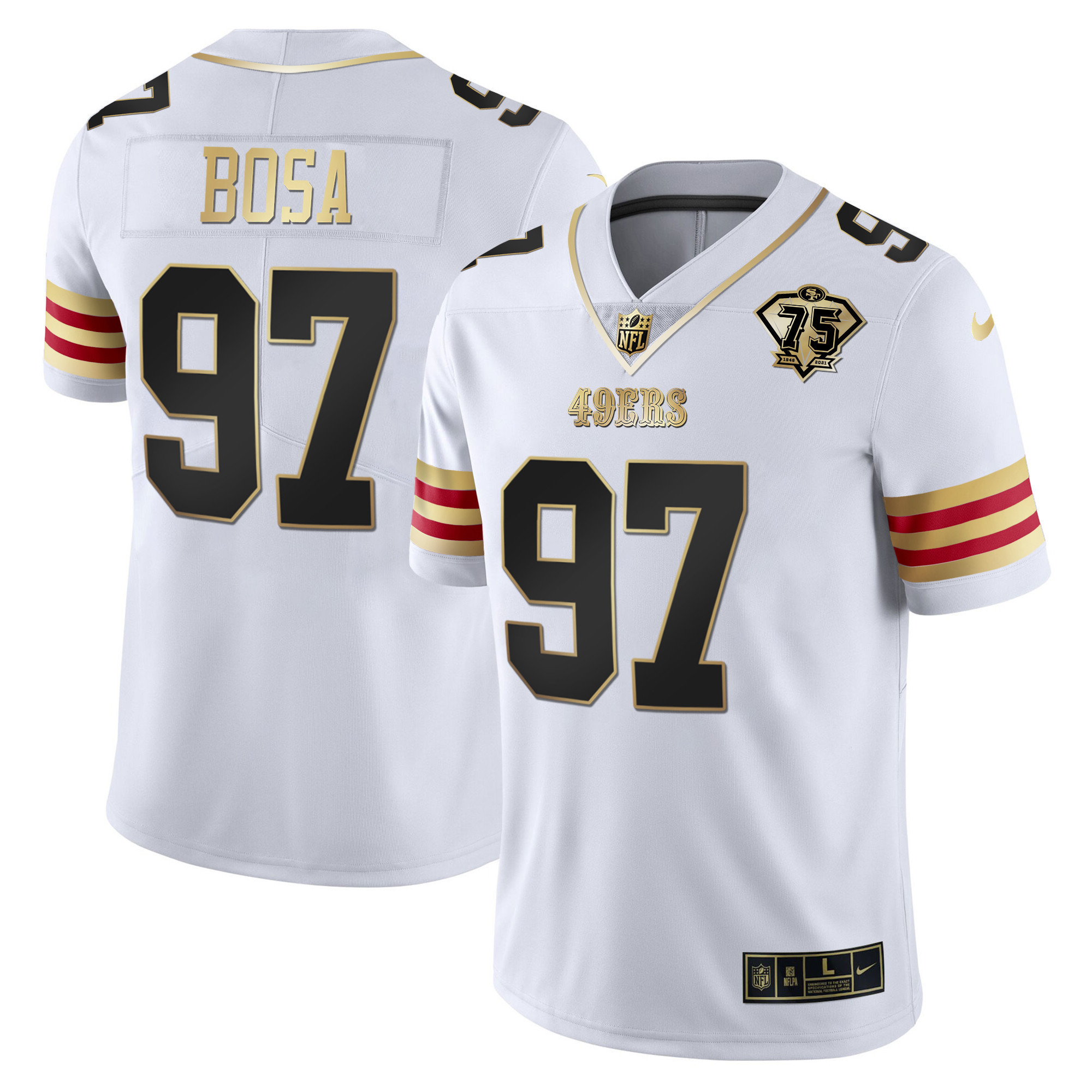Men's Nick Bosa San Francisco 49ers 75th Anniversary Patch Vapor Gold White Gold Jersey V2 - All Stitched
