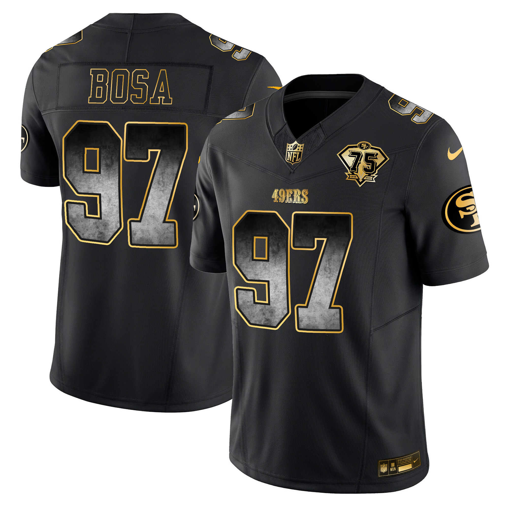 Men's Nick Bosa San Francisco 49ers Arch Smoke Vapor Black Gold Jersey - All Stitched