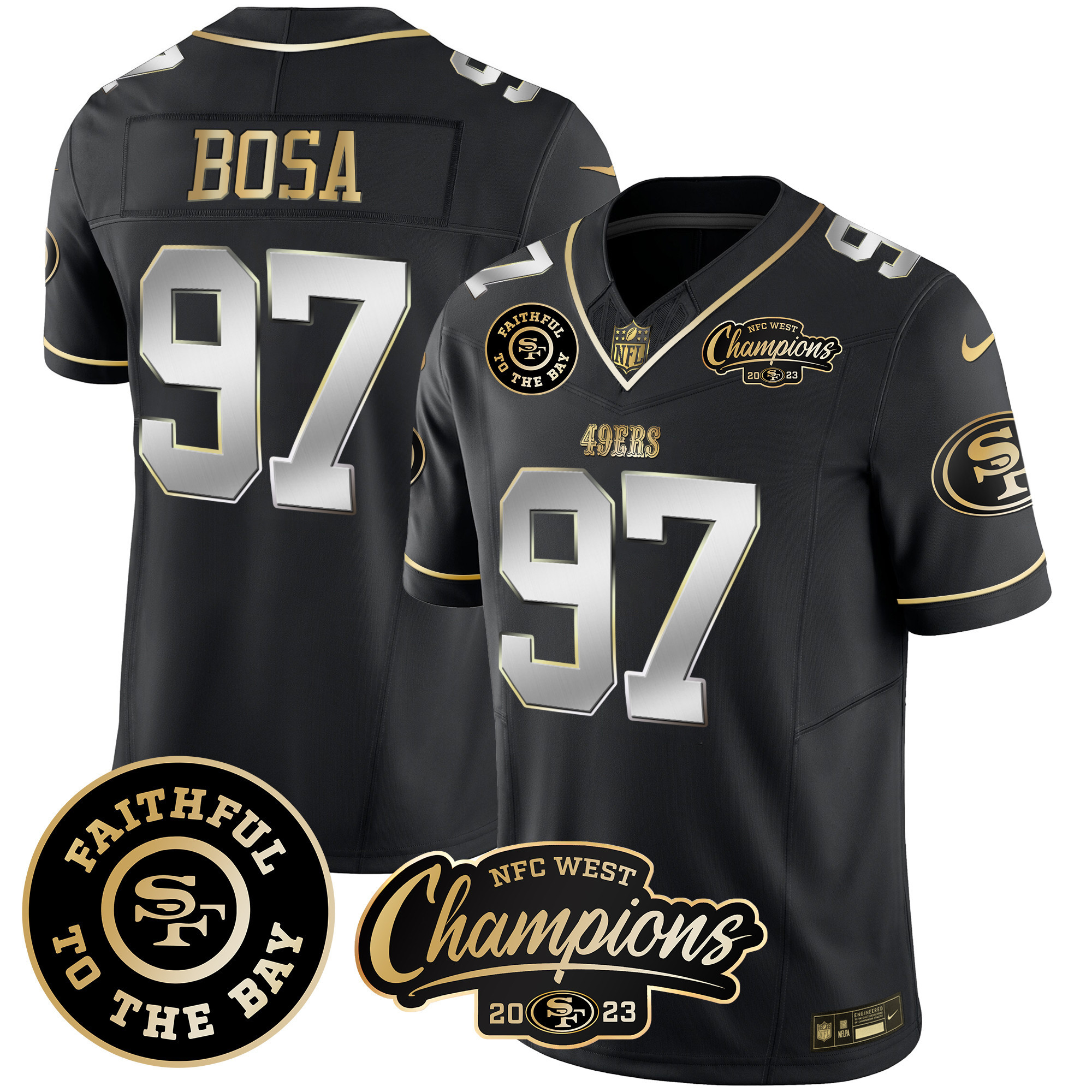 Men's Nick Bosa San Francisco 49ers Faithful & 2023 NFC West Champions Patch Vapor Black Limited Jersey - All Stitched