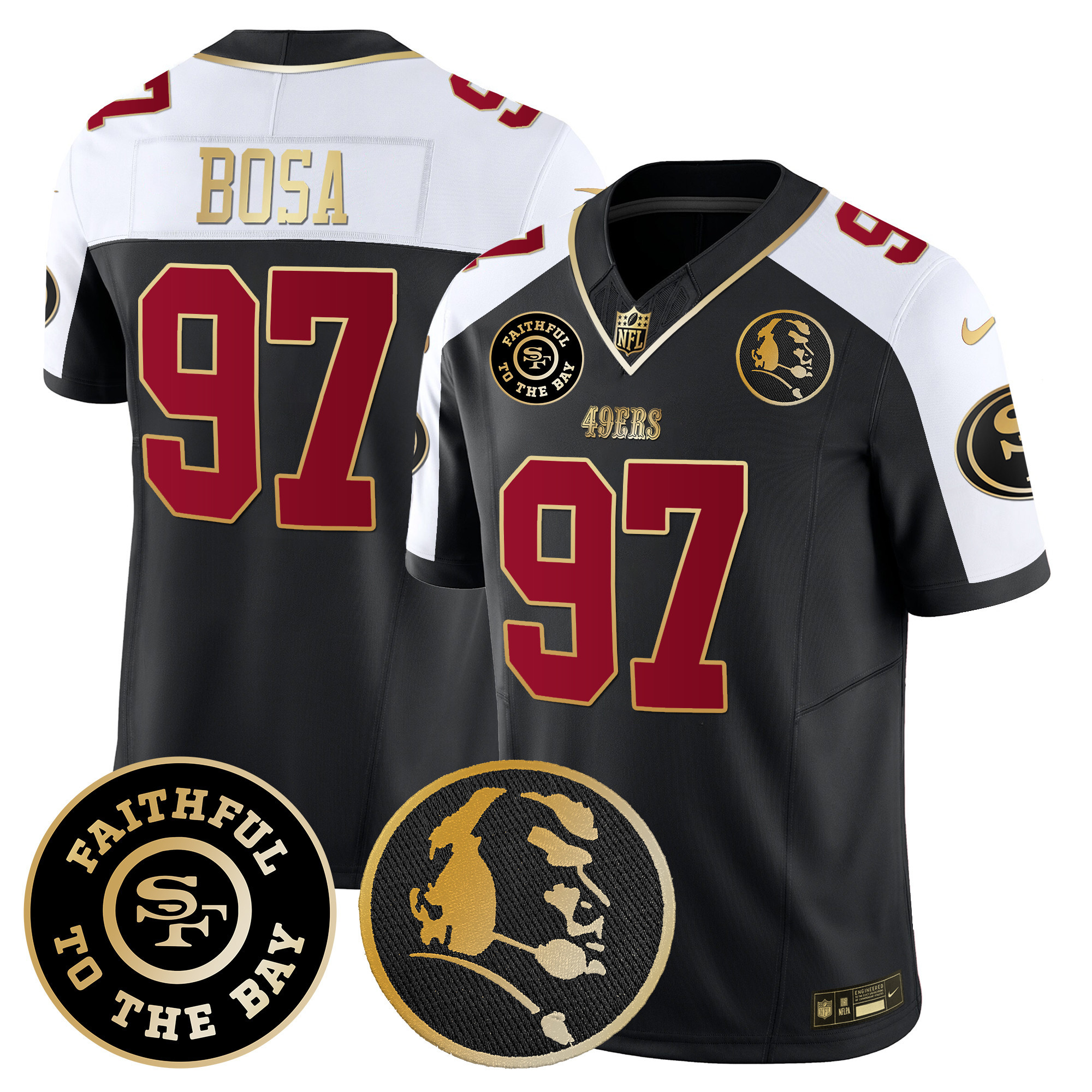 Men's Nick Bosa San Francisco 49ers Faithful & John Madden Patch Vapor Black Alternate Jersey - All Stitched