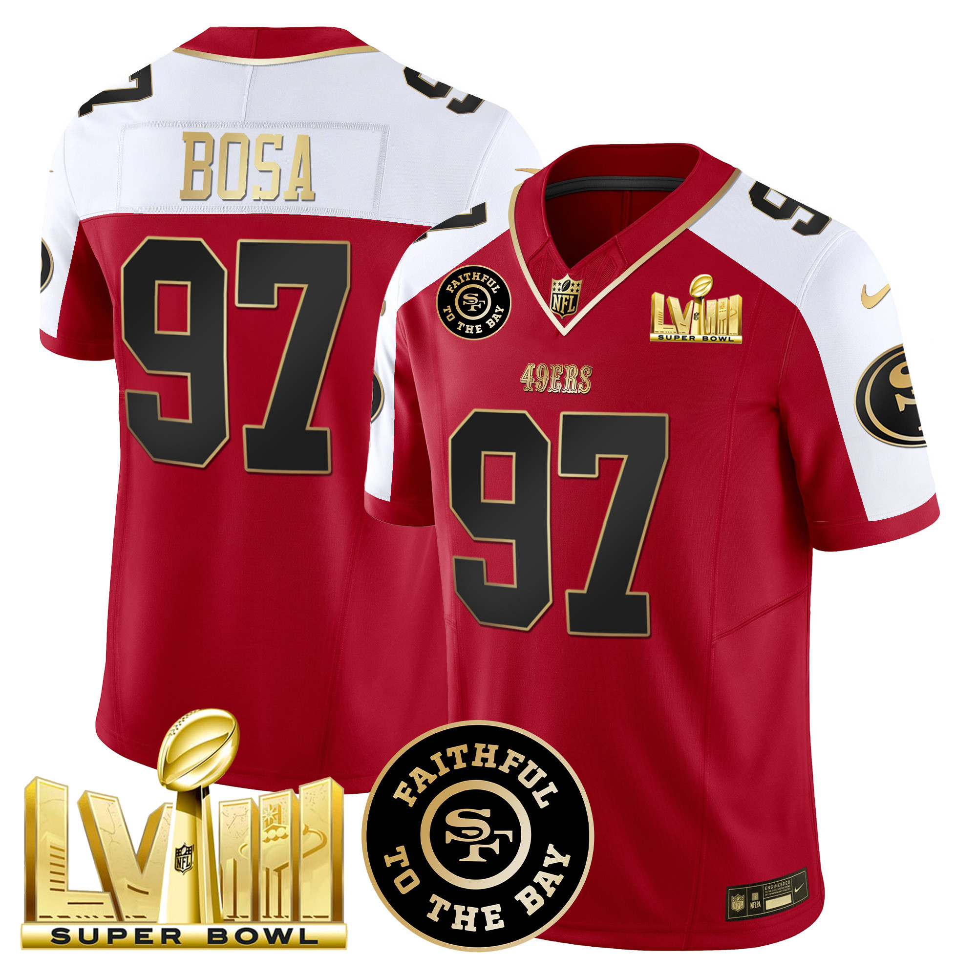 Men's Nick Bosa San Francisco 49ers Faithful & Super Bowl LVIII Gold Patch Vapor Alternate Jersey - All Stitched