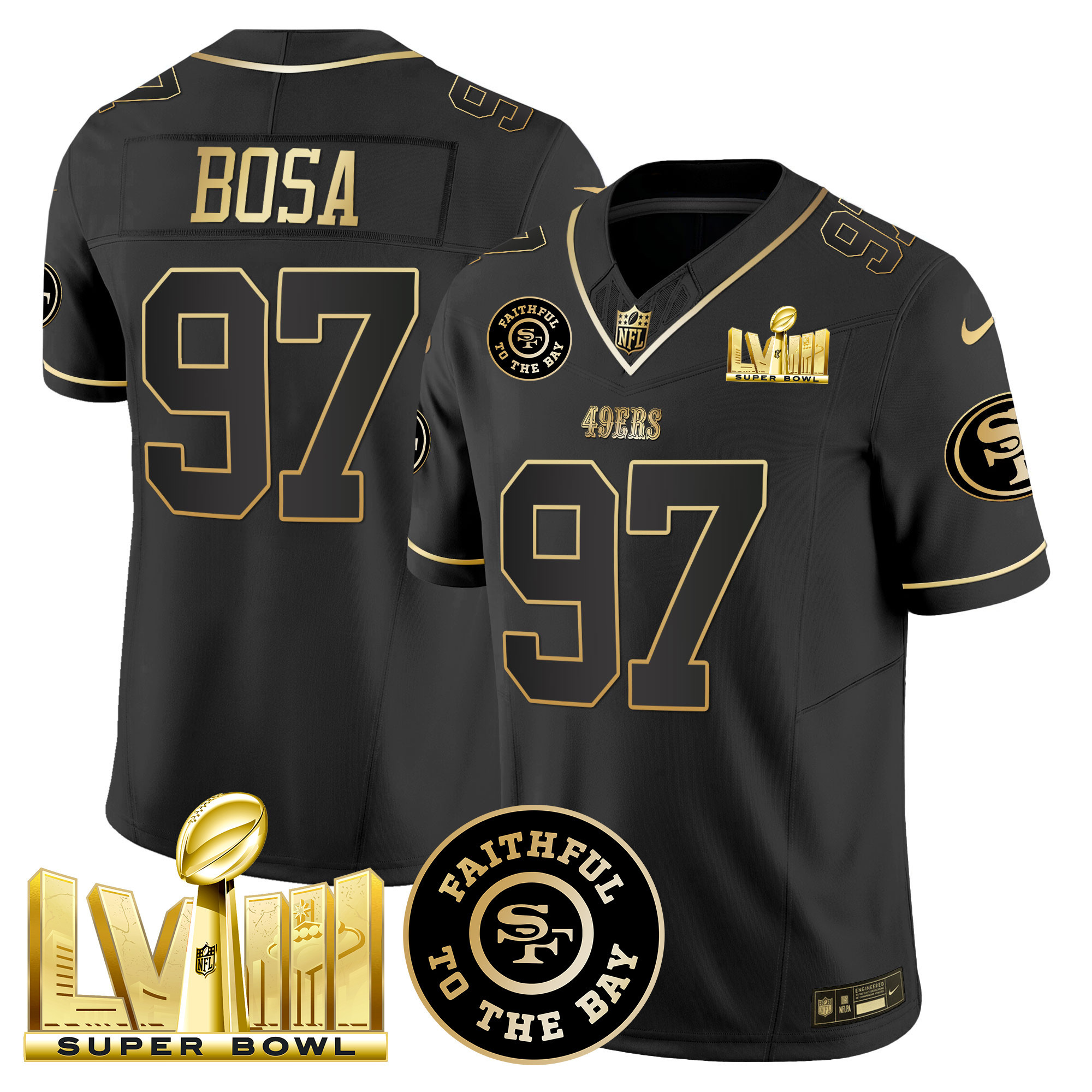 Men's Nick Bosa San Francisco 49ers Faithful & Super Bowl LVIII Gold Patch Vapor Black Gold Jersey V2 - All Stitched