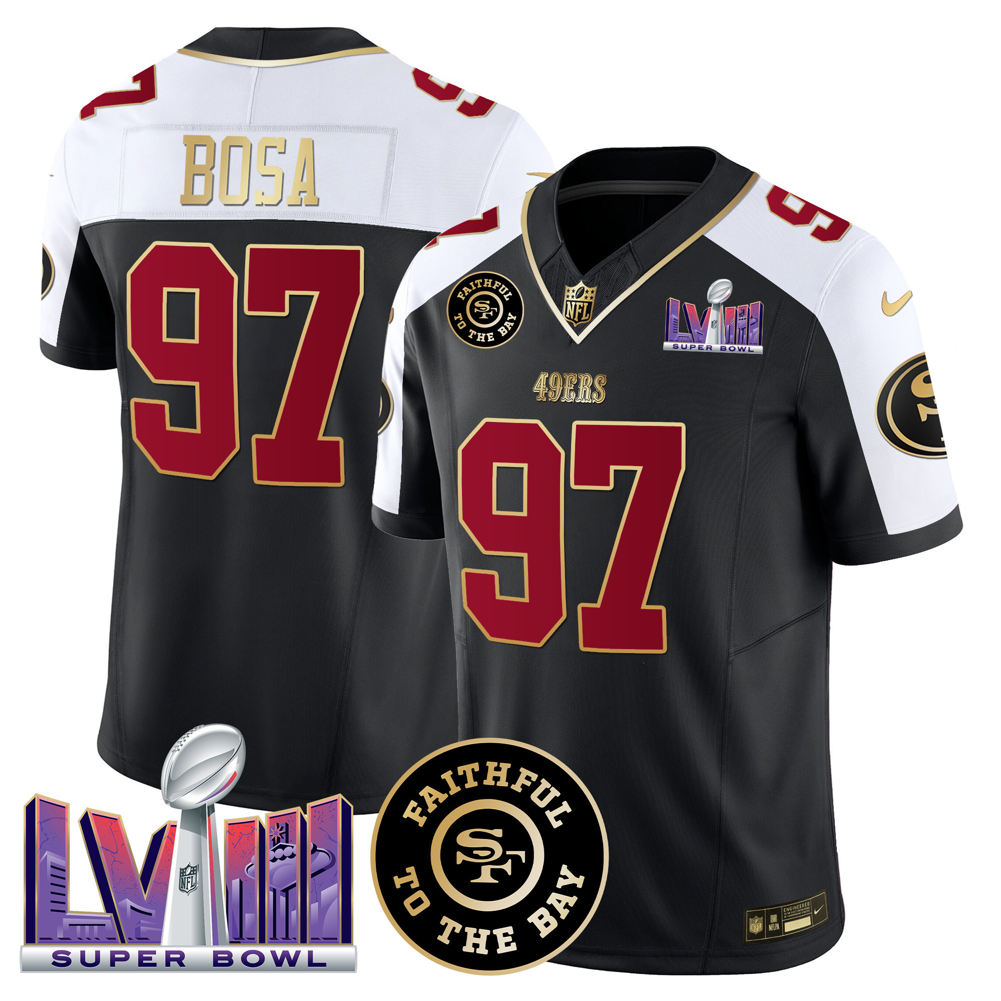 Men's Nick Bosa San Francisco 49ers Faithful & Super Bowl LVIII Patch Vapor Black Alternate Jersey - All Stitched