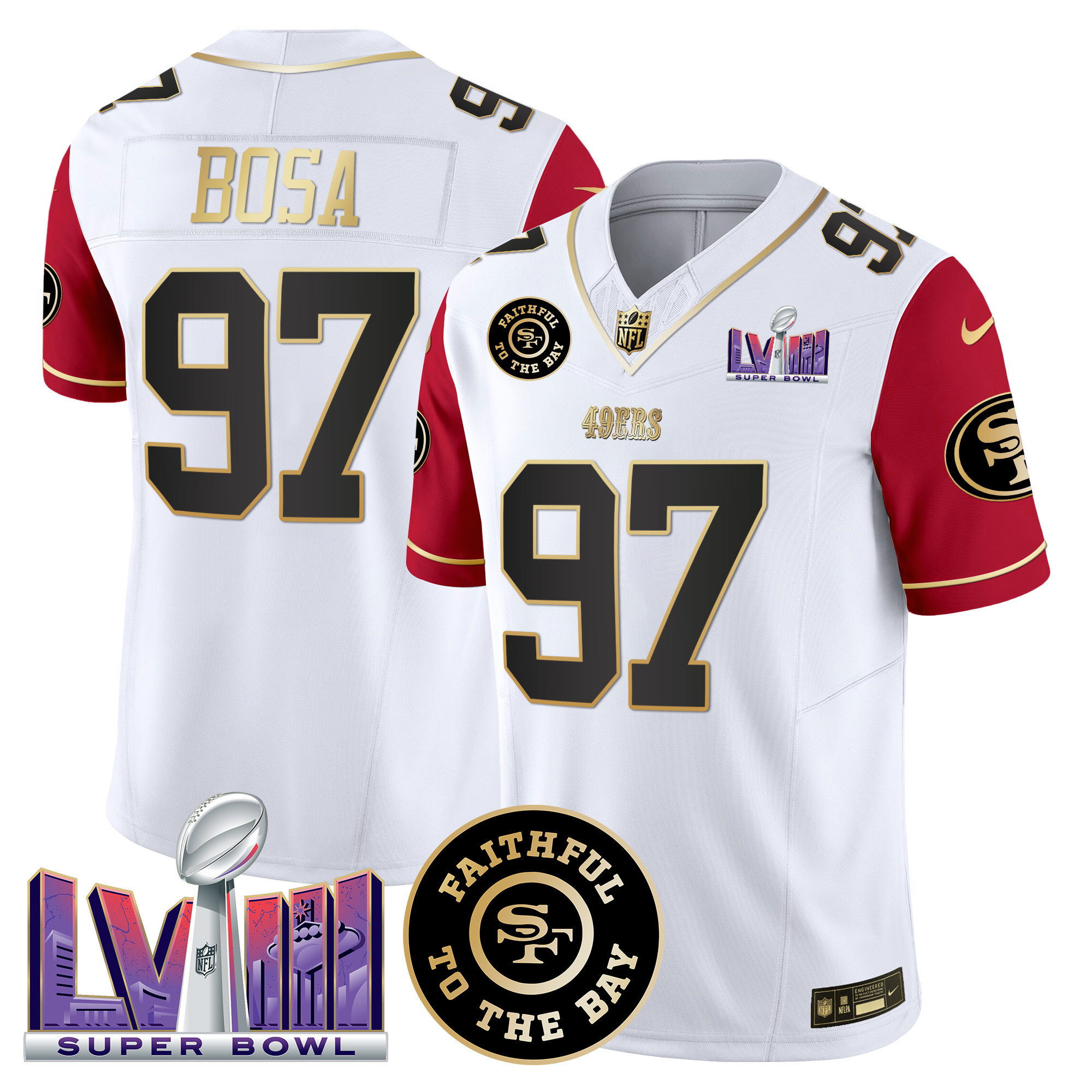 Men's Nick Bosa San Francisco 49ers Faithful & Super Bowl LVIII Patch Vapor Color Sleeves Jersey V2 - All Stitched