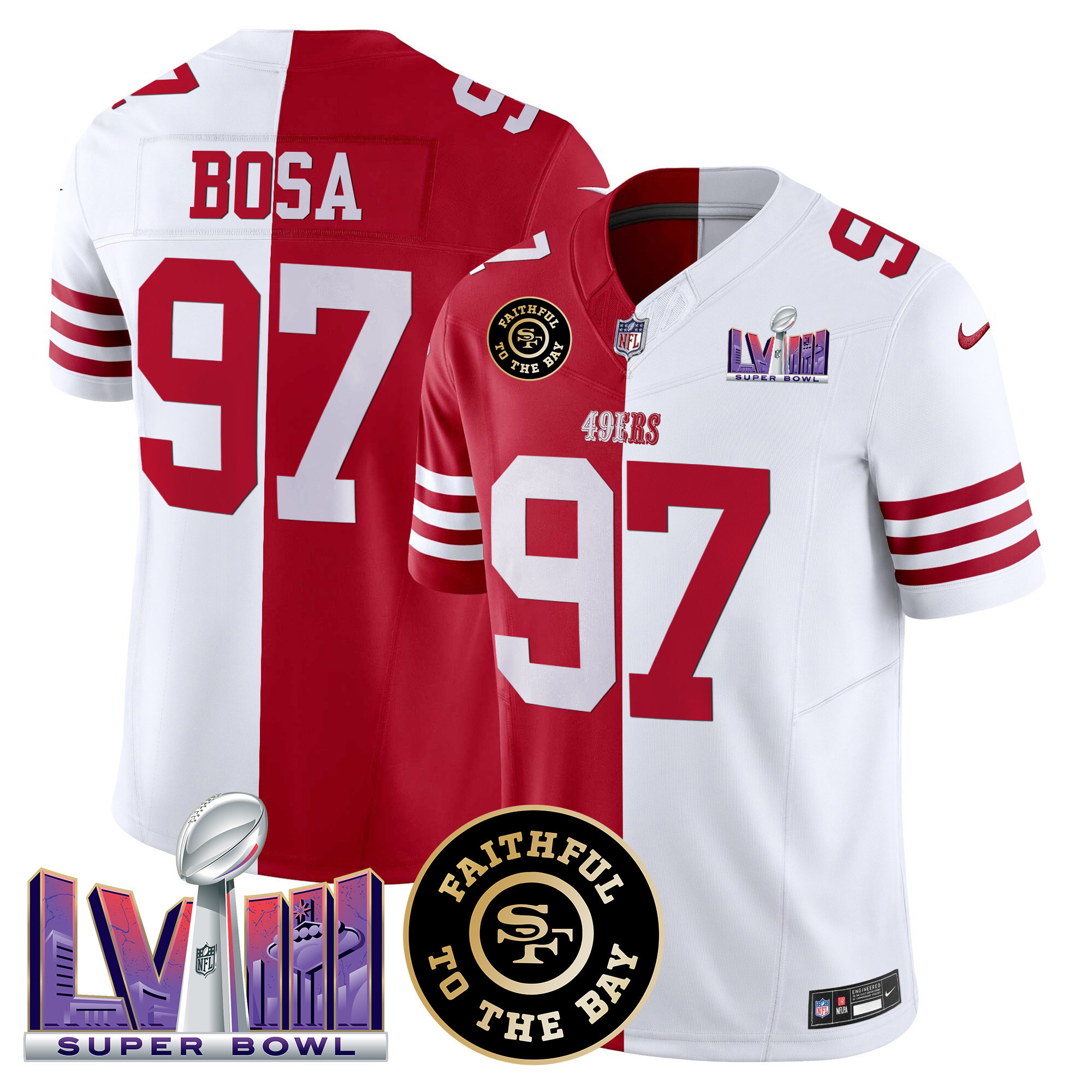 Men's Nick Bosa San Francisco 49ers Faithful & Super Bowl LVIII Patch Vapor Split Jersey V2 - All Stitched