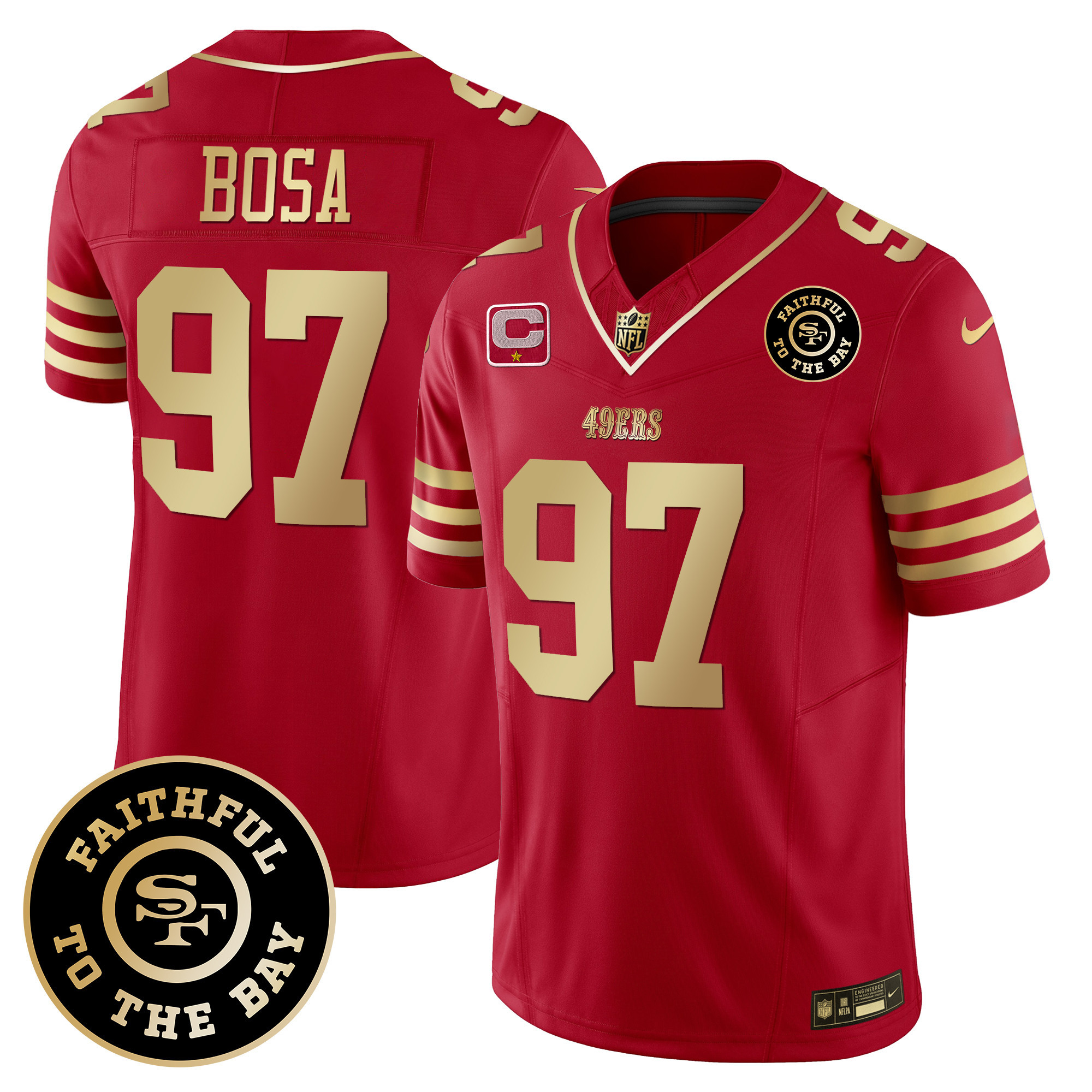 Men's Nick Bosa San Francisco 49ers Faithful To The Bay Patch Scarlet Gold Vapor Limited Jersey - All Stitched