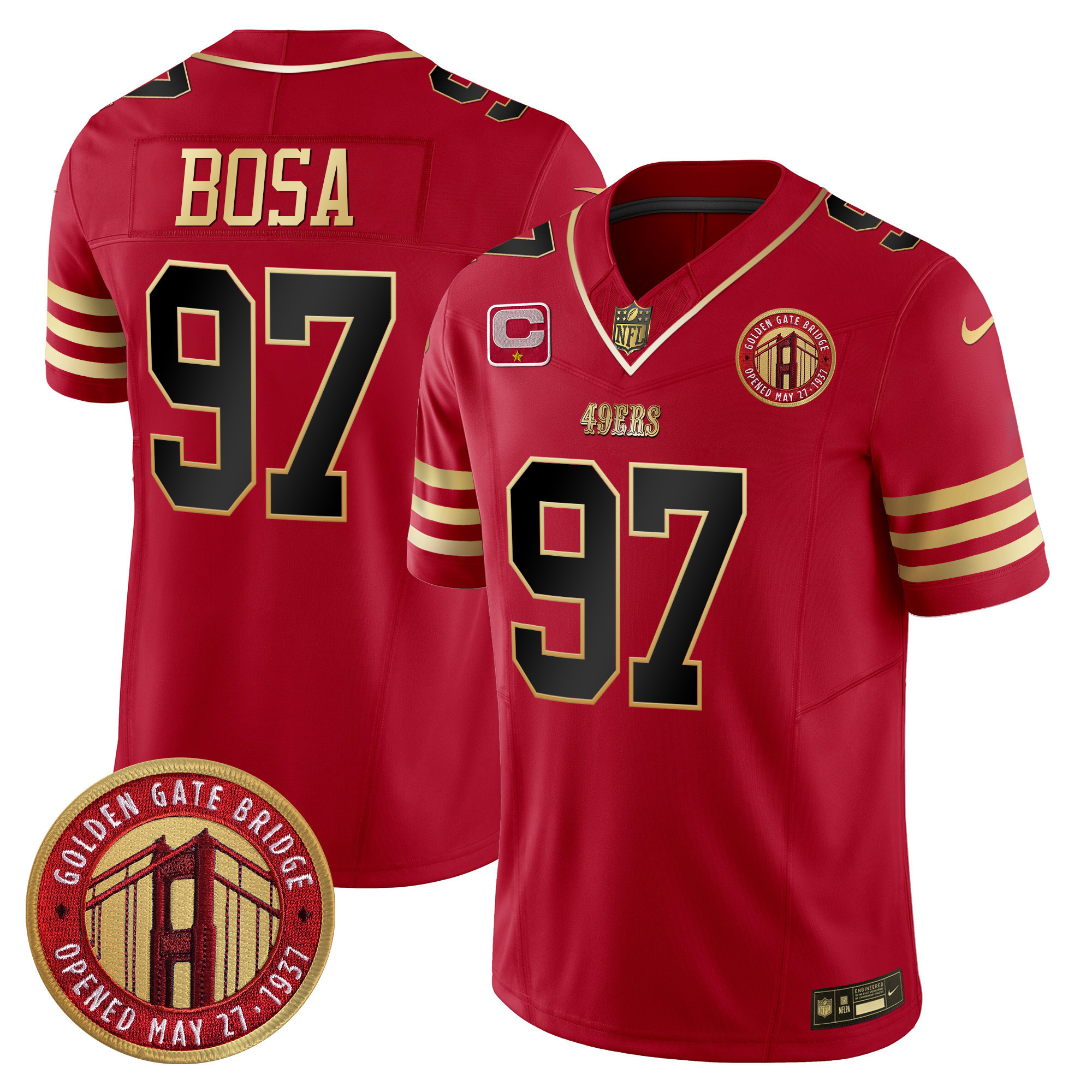 Men's Nick Bosa San Francisco 49ers Golden Gate Bridge Patch Vapor Limited Black Scarlet Jersey - All Stitched