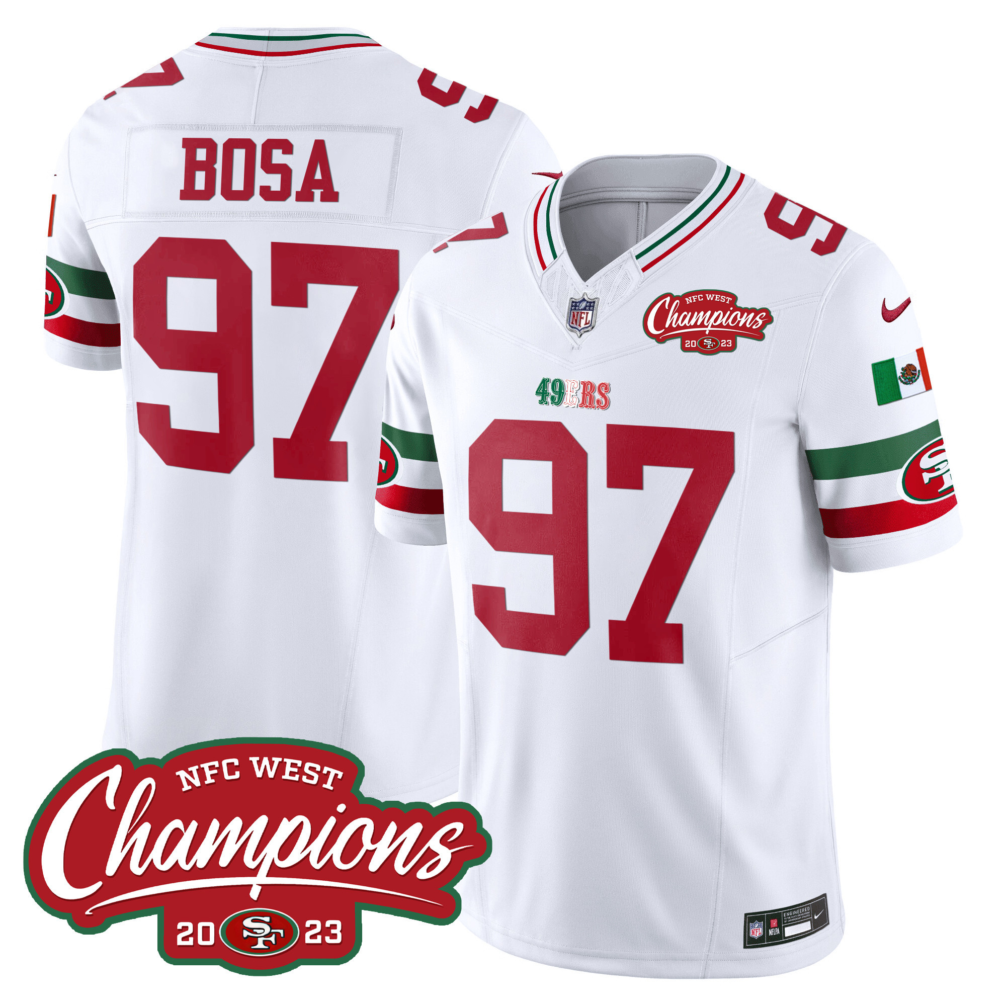 Men's Nick Bosa San Francisco 49ers Mexico 2023 NFC West Champions Patch Vapor White Jersey - All Stitched