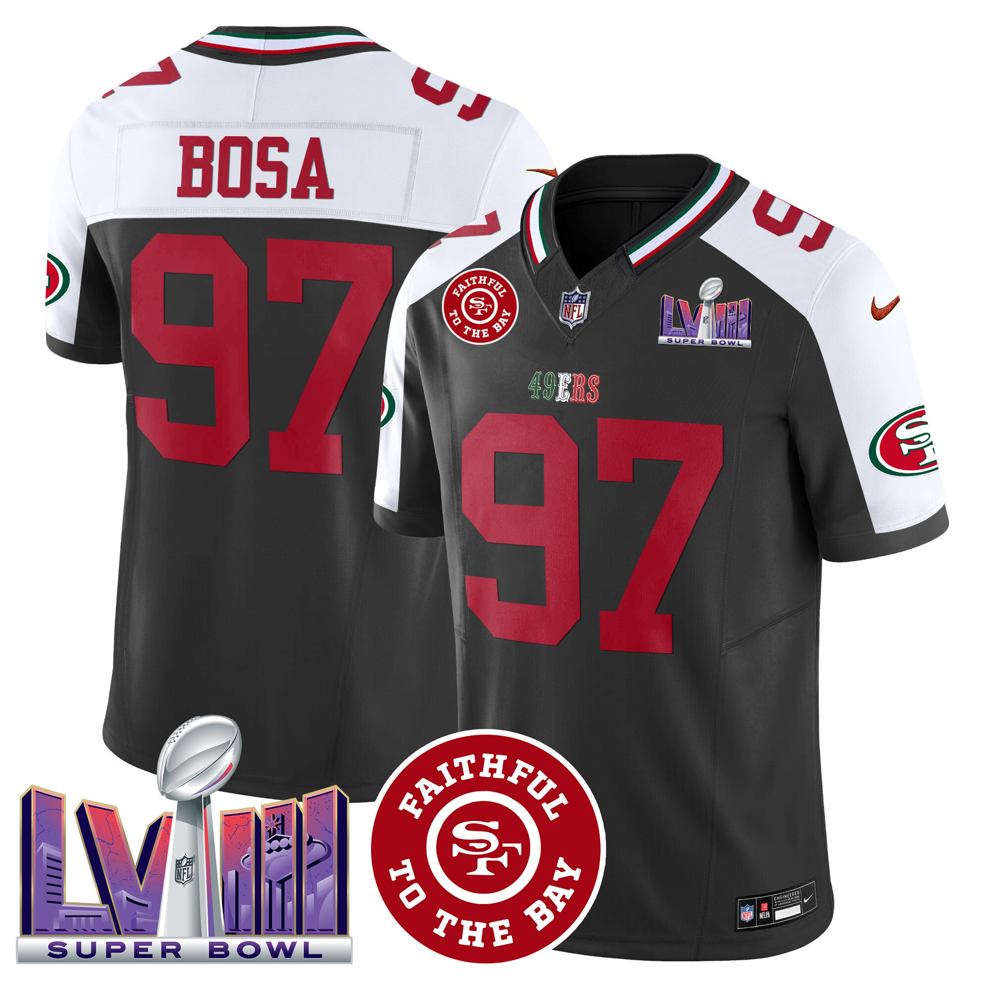 Men's Nick Bosa San Francisco 49ers Mexico Faithful & Super Bowl LVIII Patch Vapor Black Alterante Jersey - All Stitched