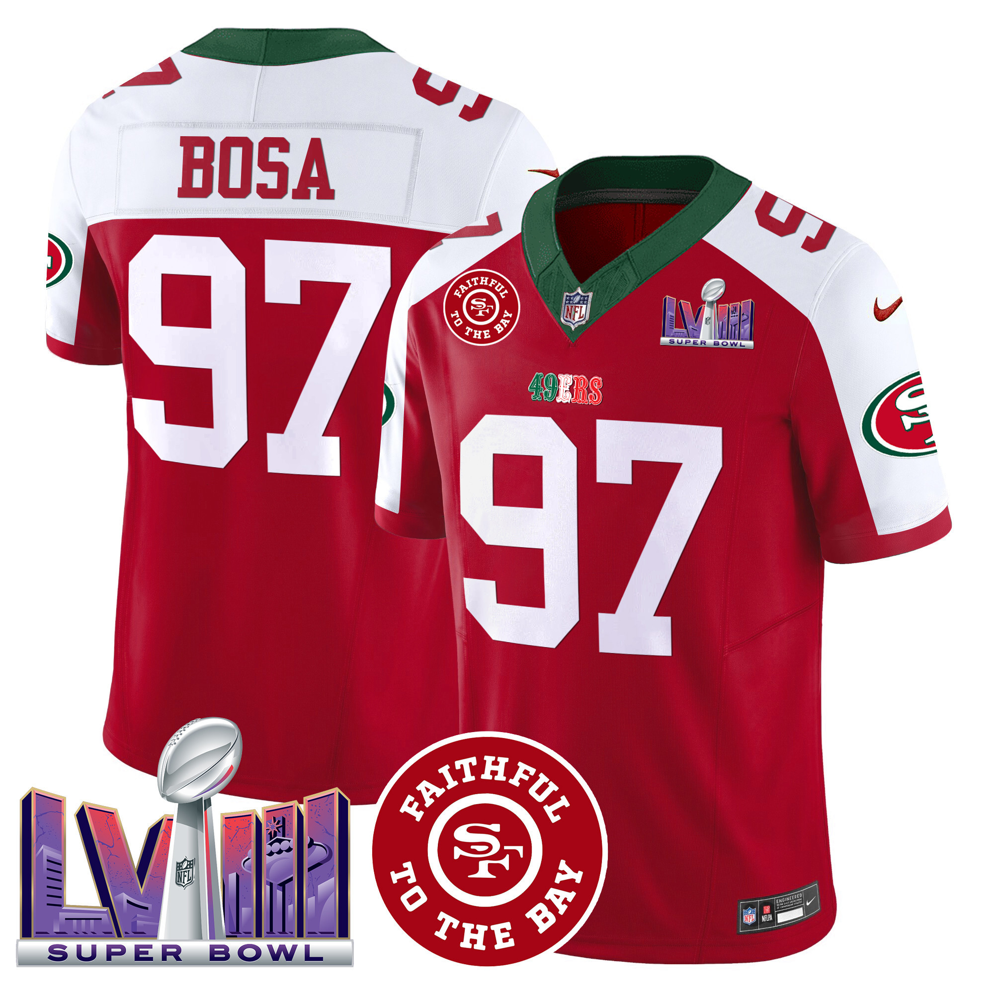 Men's Nick Bosa San Francisco 49ers Mexico Faithful & Super Bowl LVIII Patch Vapor Red Alternate Jersey - All Stitched