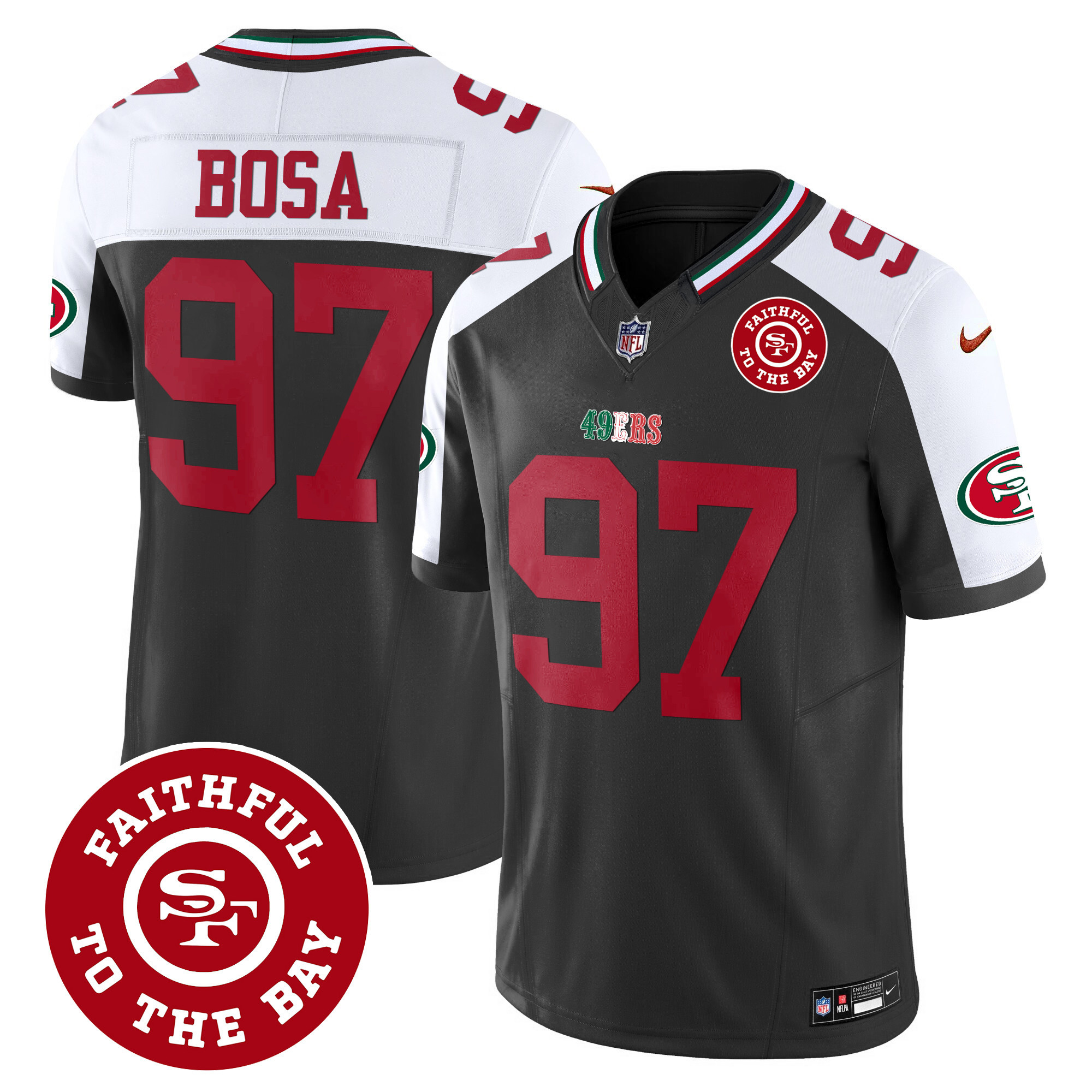 Men's Nick Bosa San Francisco 49ers Mexico Faithful To The Bay Patch Vapor Black Alternate Jersey - All Stitched