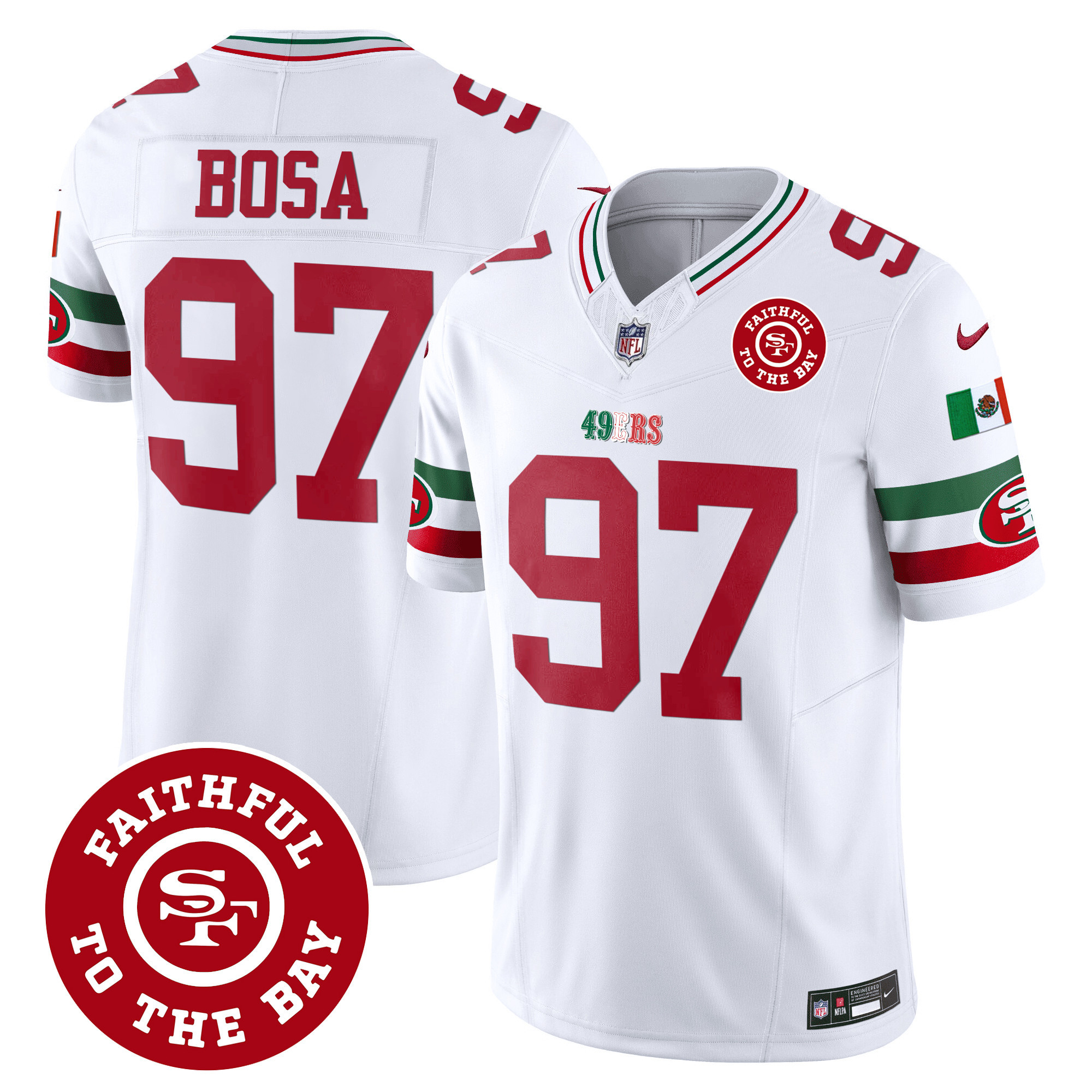 Men's Nick Bosa San Francisco 49ers Mexico Faithful To The Bay Patch Vapor White Jersey - All Stitched