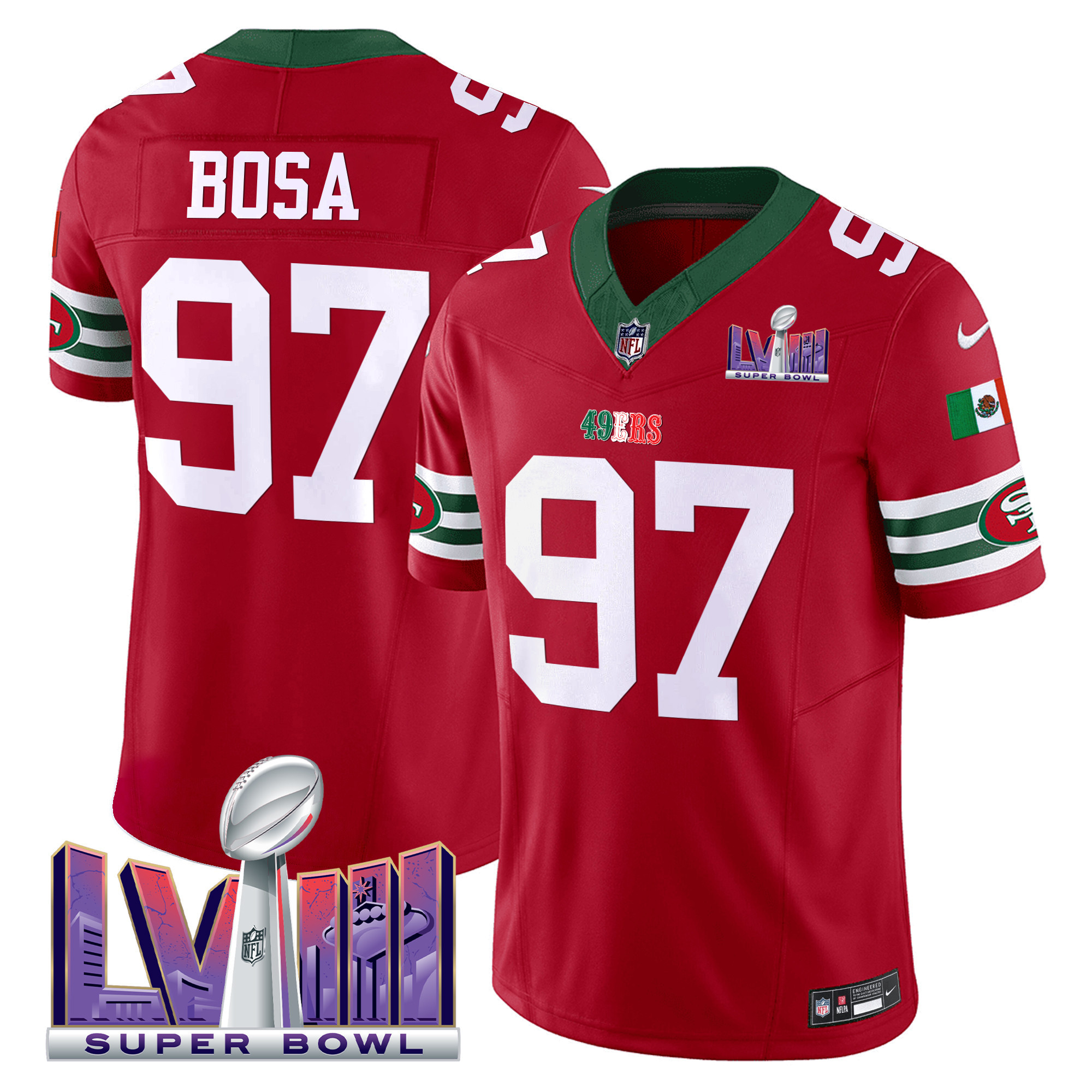Men's Nick Bosa San Francisco 49ers Mexico Super Bowl LVIII Patch Vapor Red Jersey - All Stitched