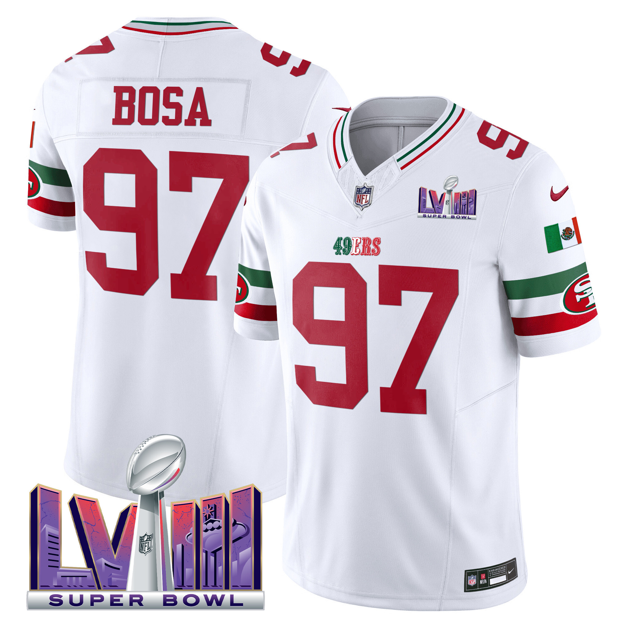 Men's Nick Bosa San Francisco 49ers Mexico Super Bowl LVIII Patch Vapor White Jersey - All Stitched