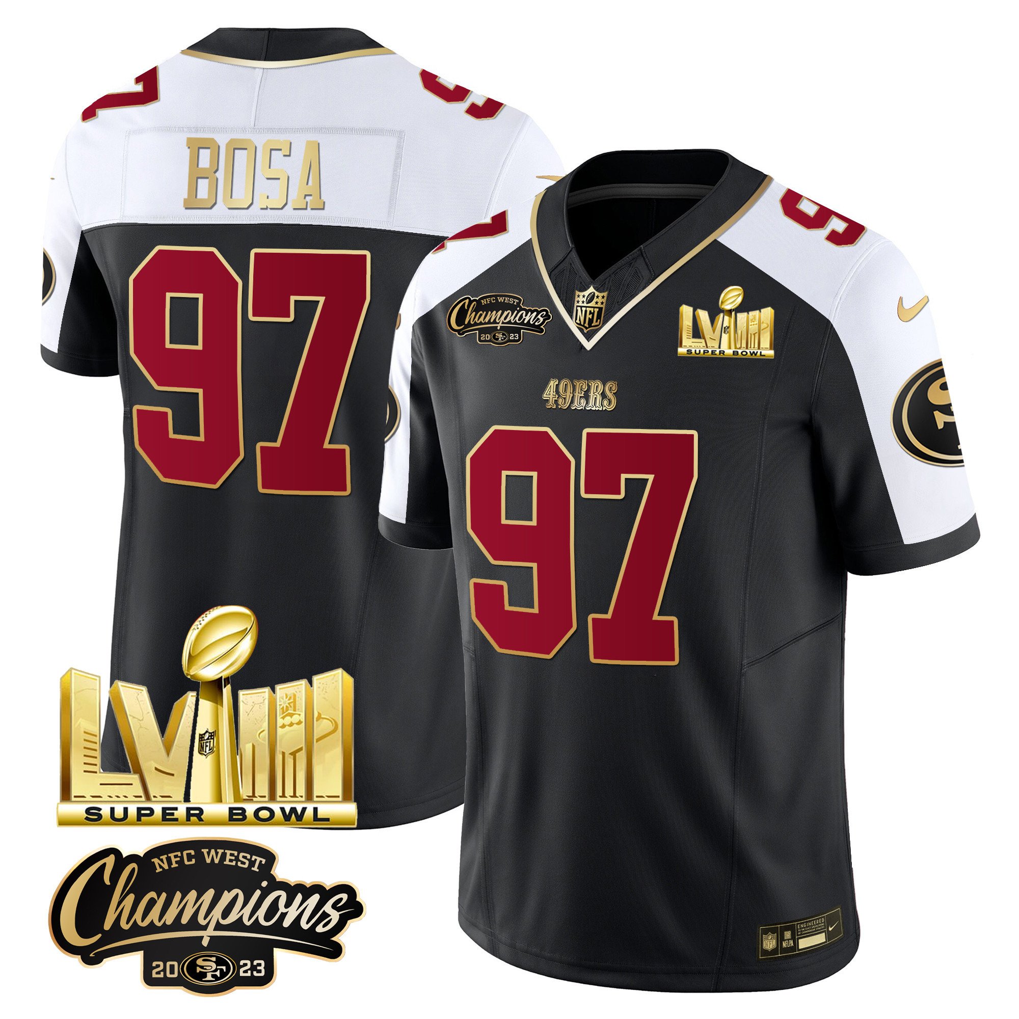 Men's Nick Bosa San Francisco 49ers NFC West Champions & Super Bowl LVIII Gold Patch Vapor Black Alternate Jersey V2 - All Stitched