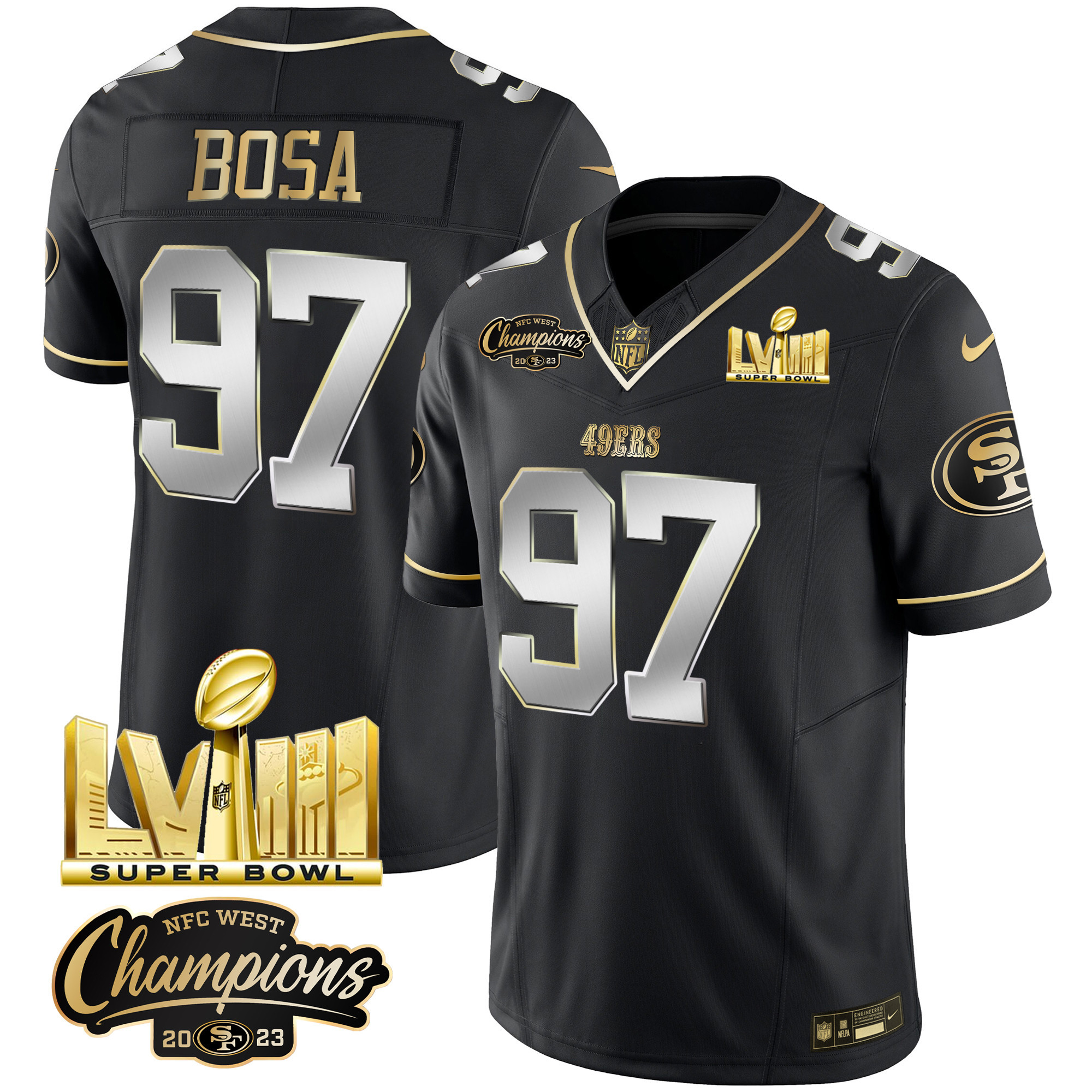 Men's Nick Bosa San Francisco 49ers NFC West Champions & Super Bowl LVIII Gold Patch Vapor Black Limited Jersey V2 - All Stitched