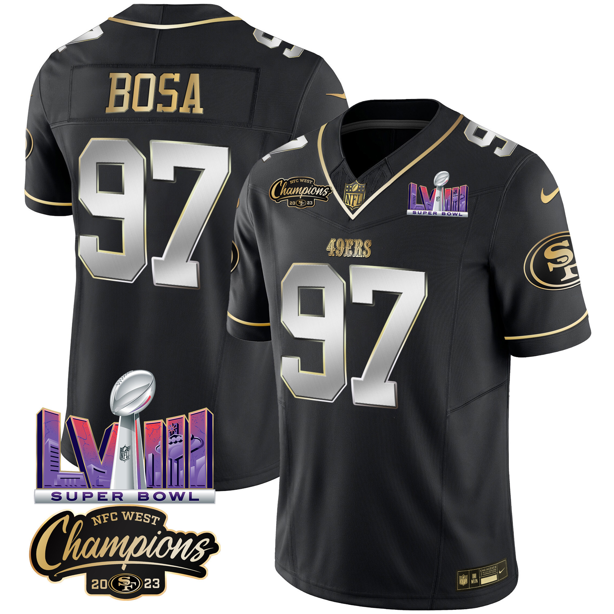 Men's Nick Bosa San Francisco 49ers NFC West Champions & Super Bowl LVIII Patch Vapor Black Limited Jersey V2 - All Stitched