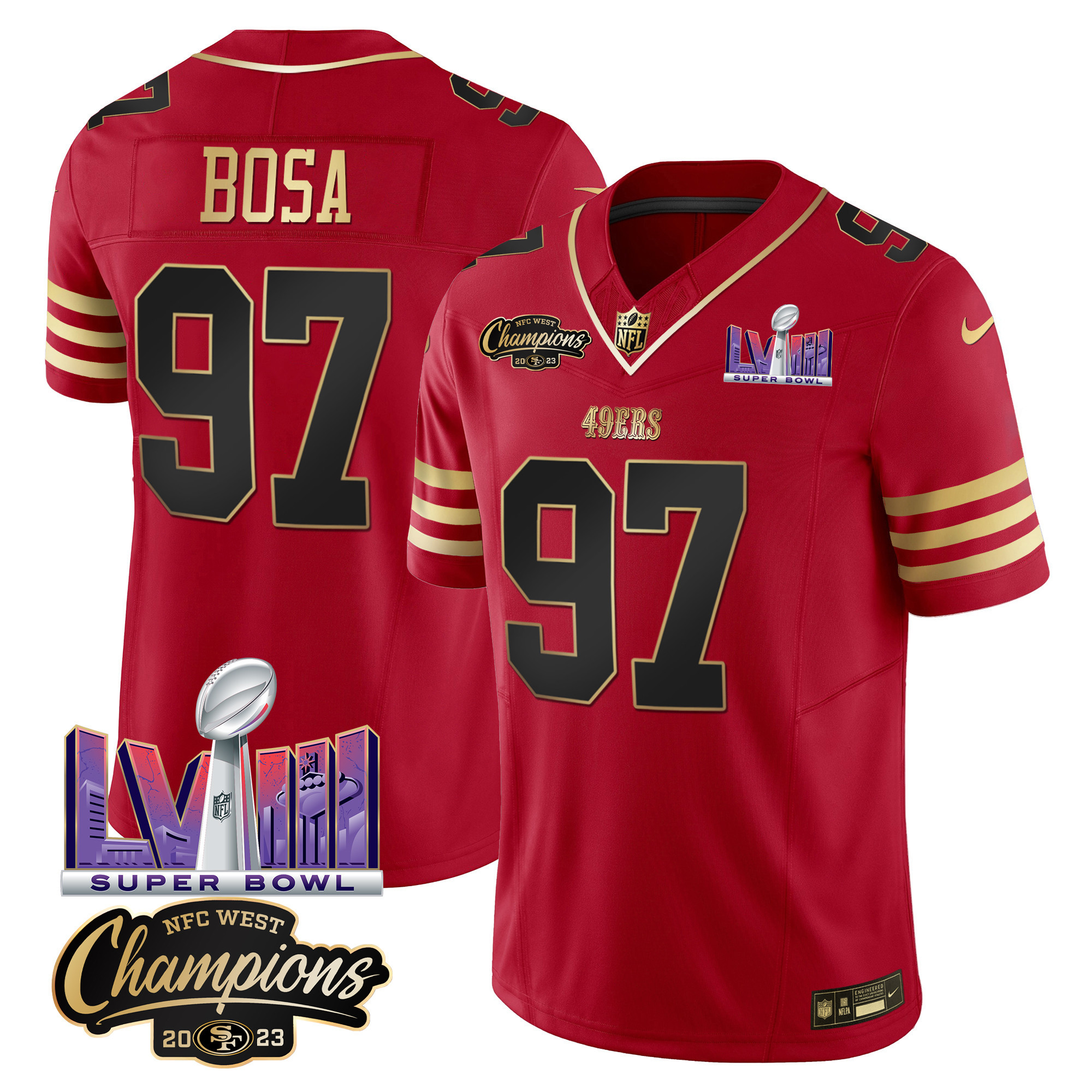 Men's Nick Bosa San Francisco 49ers NFC West Champions & Super Bowl LVIII Patch Vapor Black Scarlet Jersey V2 - All Stitched