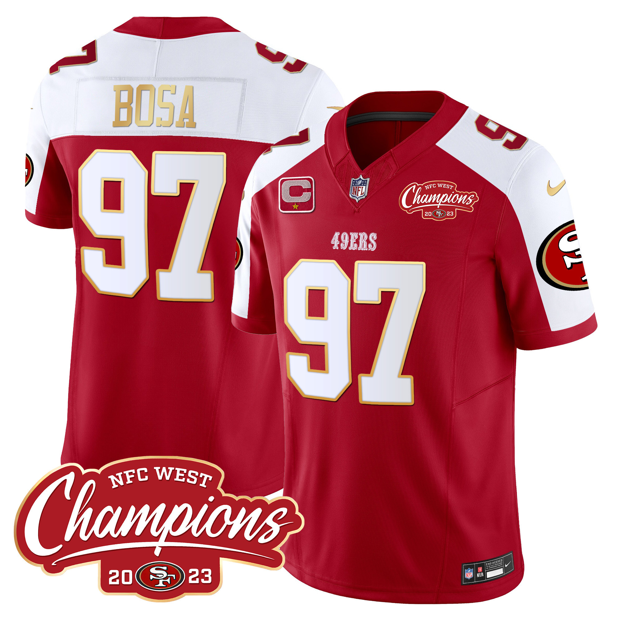 Men's Nick Bosa San Francisco 49ers NFC West Champions Gold Trim Vapor Red Alternate Jersey - All Stitched