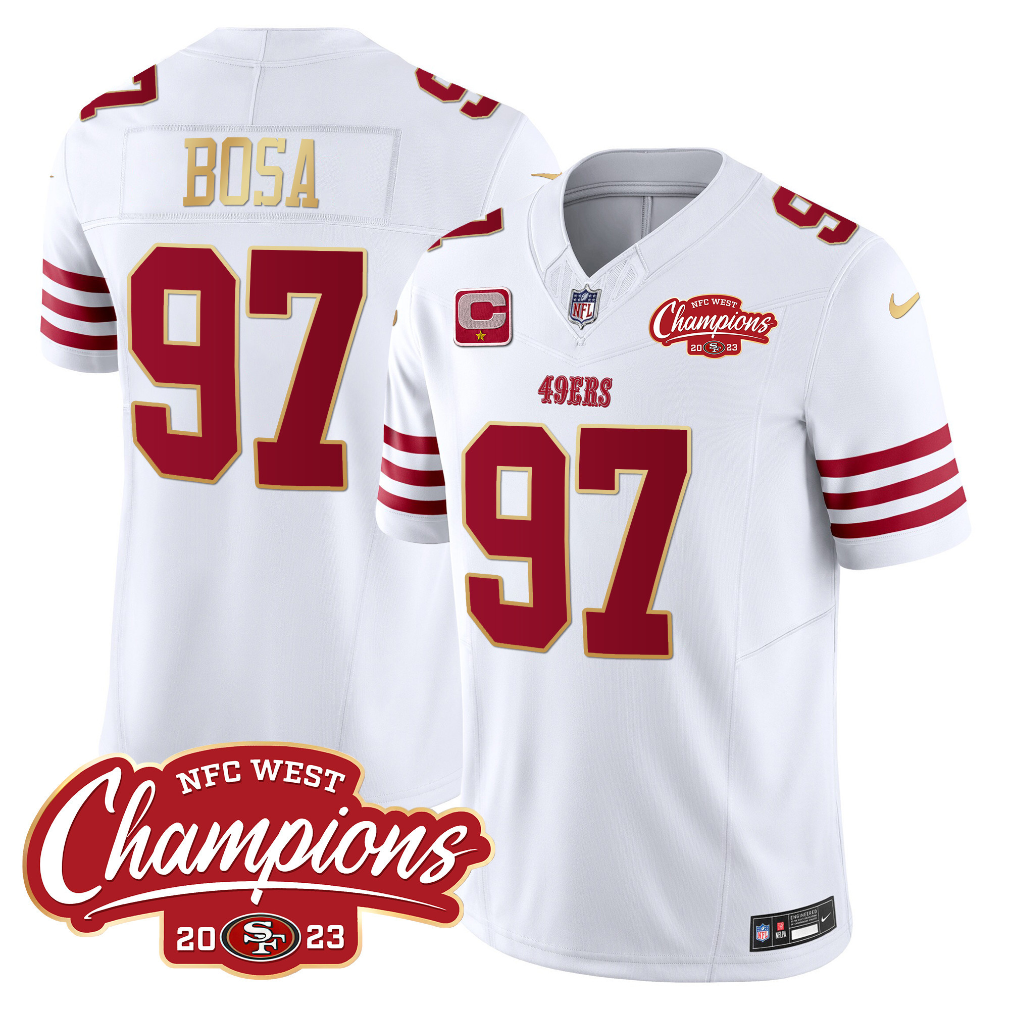 Men's Nick Bosa San Francisco 49ers NFC West Champions Gold Trim Vapor White Jersey - All Stitched