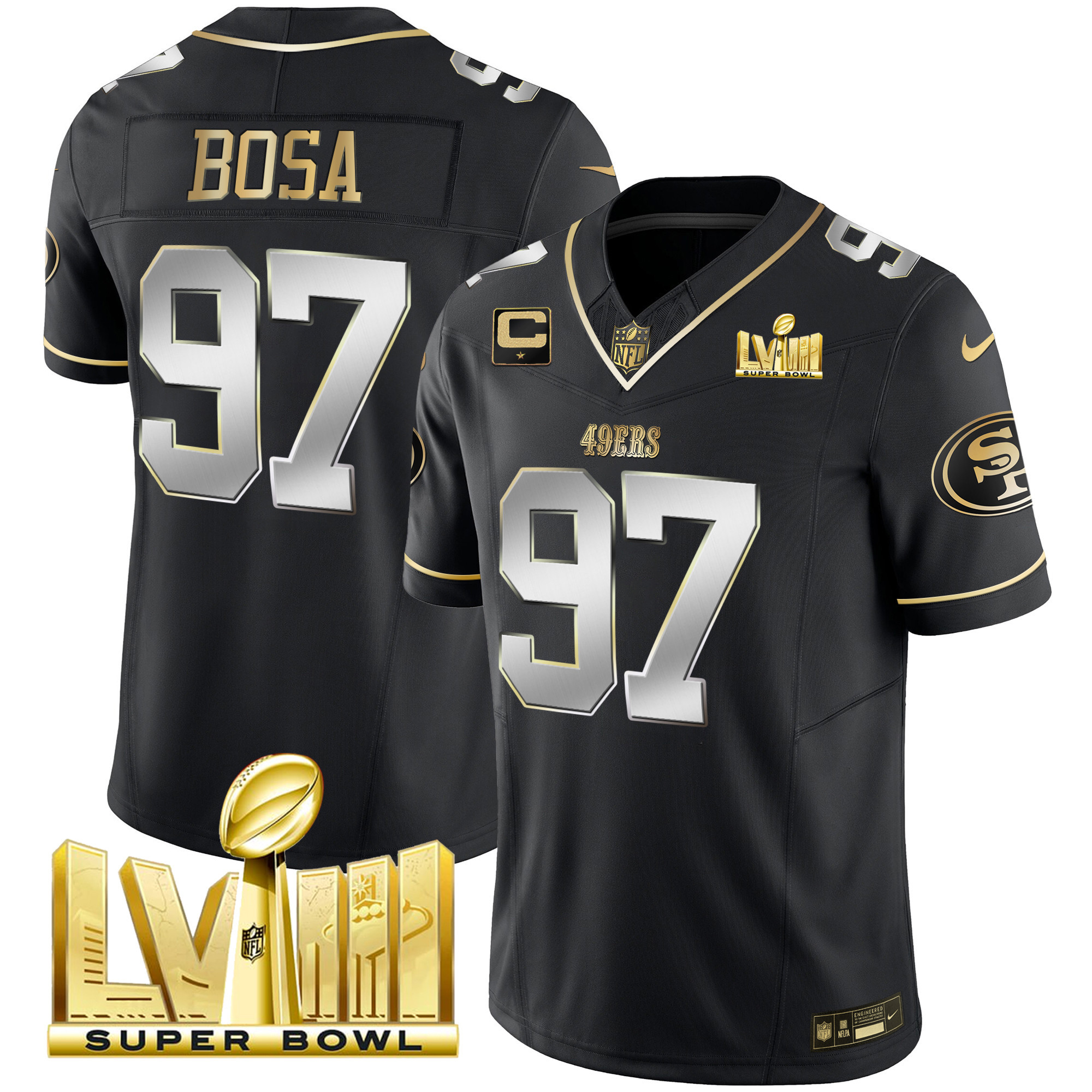 Men's Nick Bosa San Francisco 49ers Super Bowl LVIII Gold Patch Vapor Black Limited Jersey - All Stitched