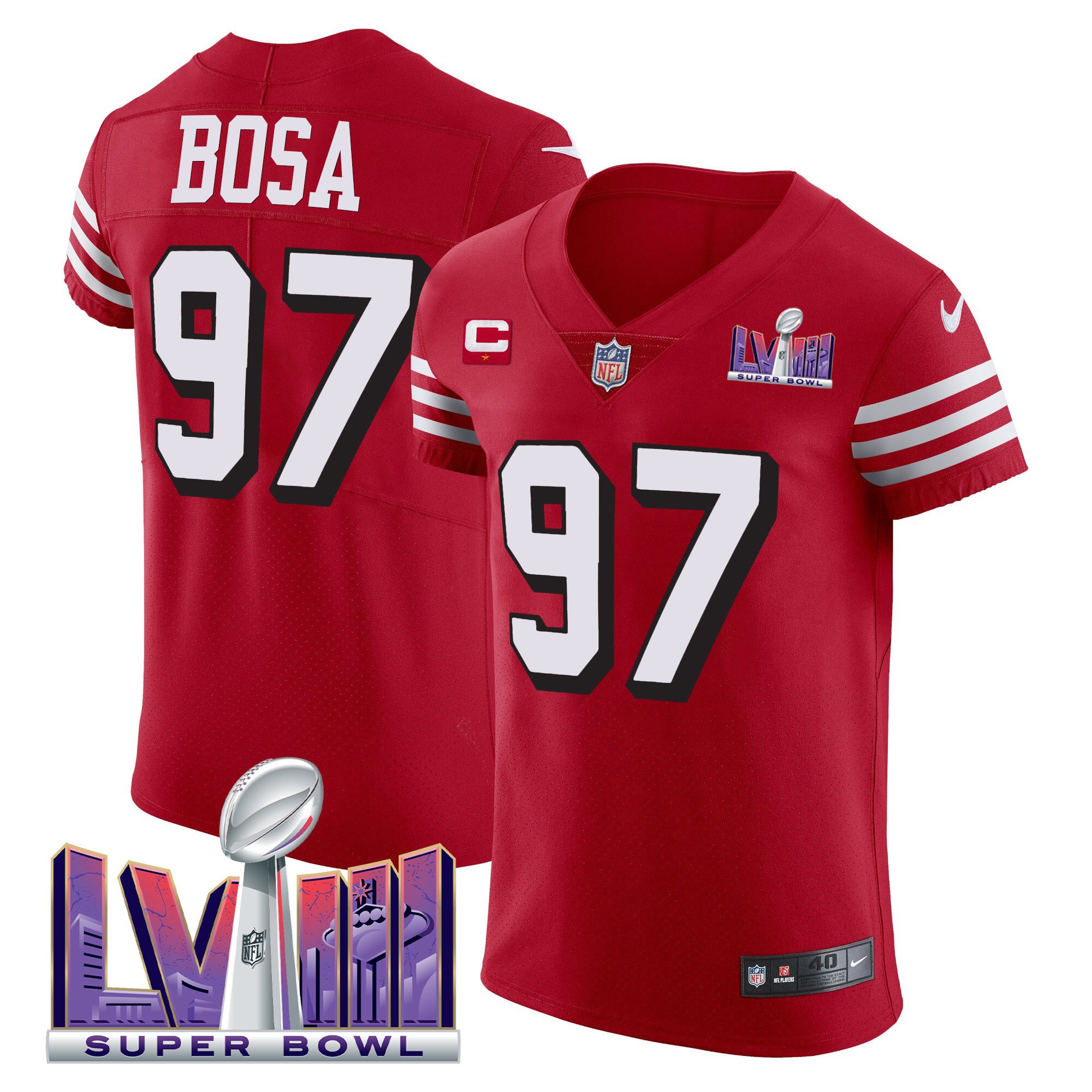 Men's Nick Bosa San Francisco 49ers Super Bowl LVIII Gold Patch Vapor Elite Red Jersey - All Stitched
