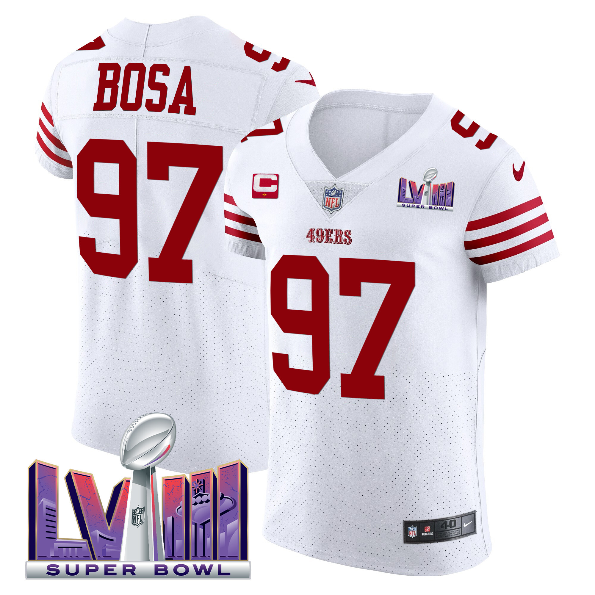 Men's Nick Bosa San Francisco 49ers Super Bowl LVIII Gold Patch Vapor Elite White Jersey - All Stitched