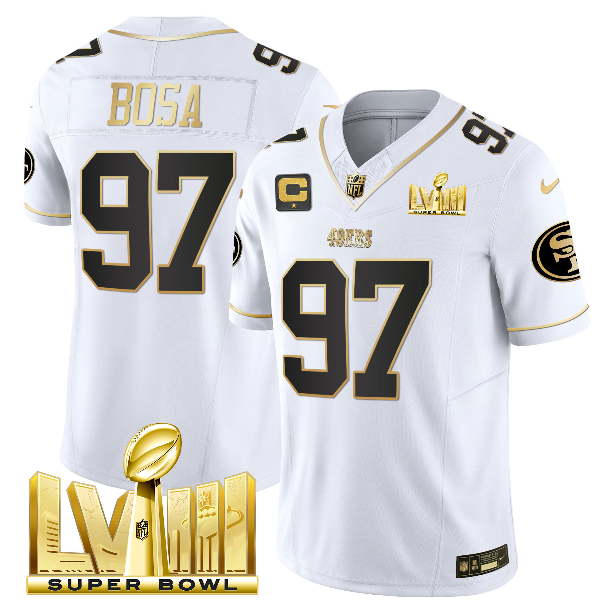 Men's Nick Bosa San Francisco 49ers Super Bowl LVIII Gold Patch Vapor White Gold Jersey V2 - All Stitched