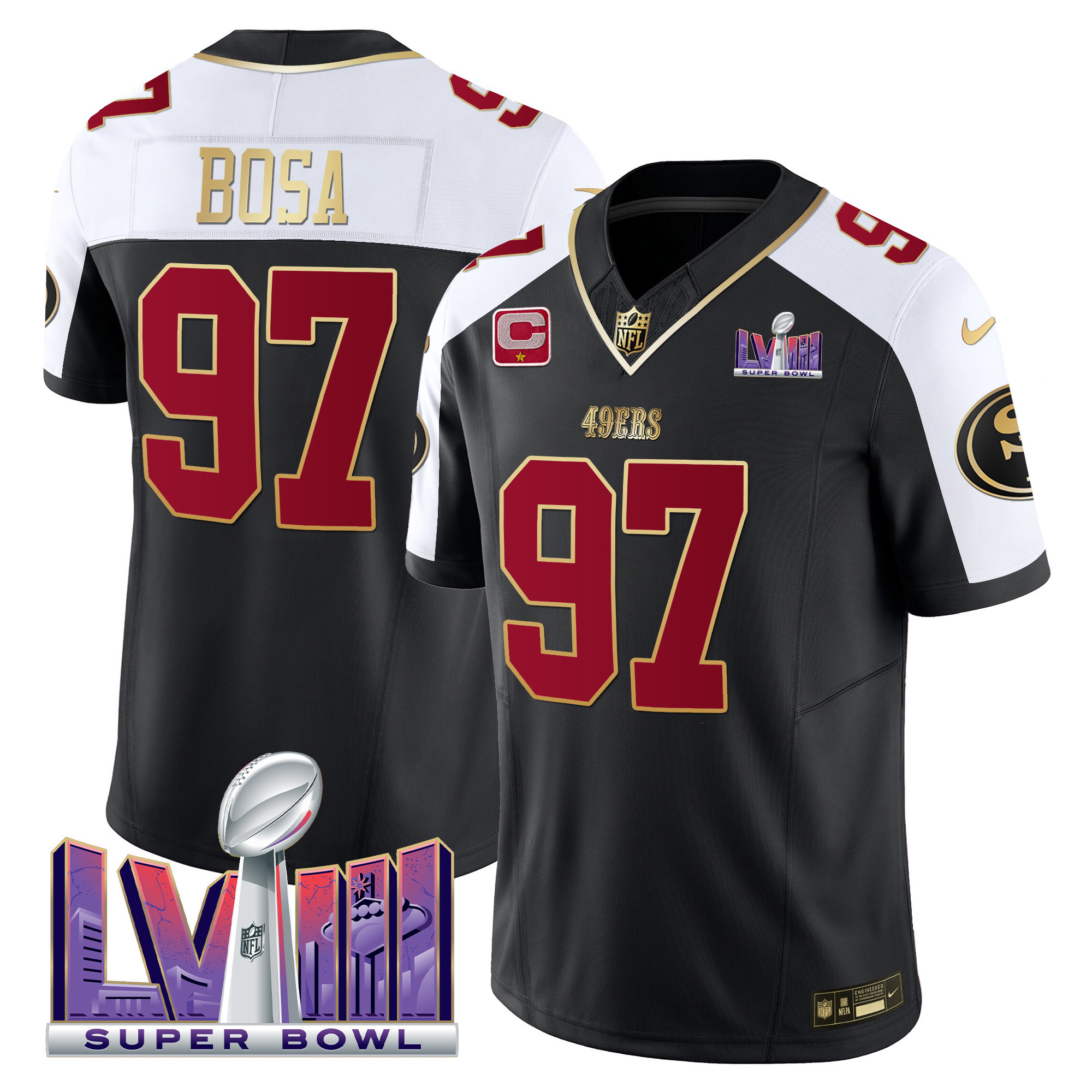 Men's Nick Bosa San Francisco 49ers Super Bowl LVIII Patch Vapor Black Alternate Jersey - All Stitched