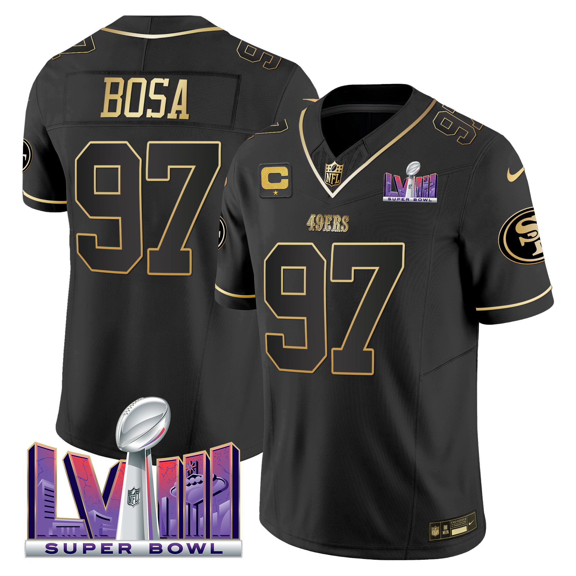 Men's Nick Bosa San Francisco 49ers Super Bowl LVIII Patch Vapor Black Gold Jersey V2 - All Stitched
