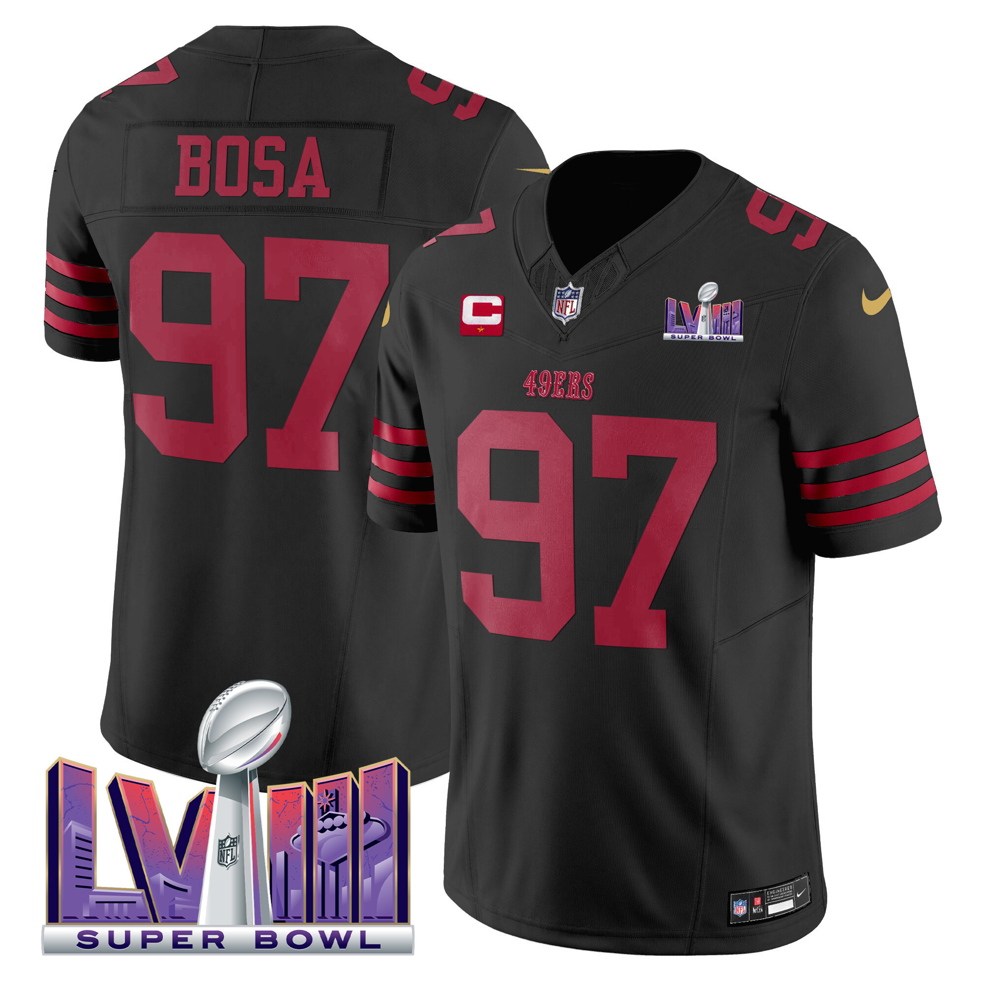 Men's Nick Bosa San Francisco 49ers Super Bowl LVIII Patch Vapor Limited Black Jersey - All Stitched
