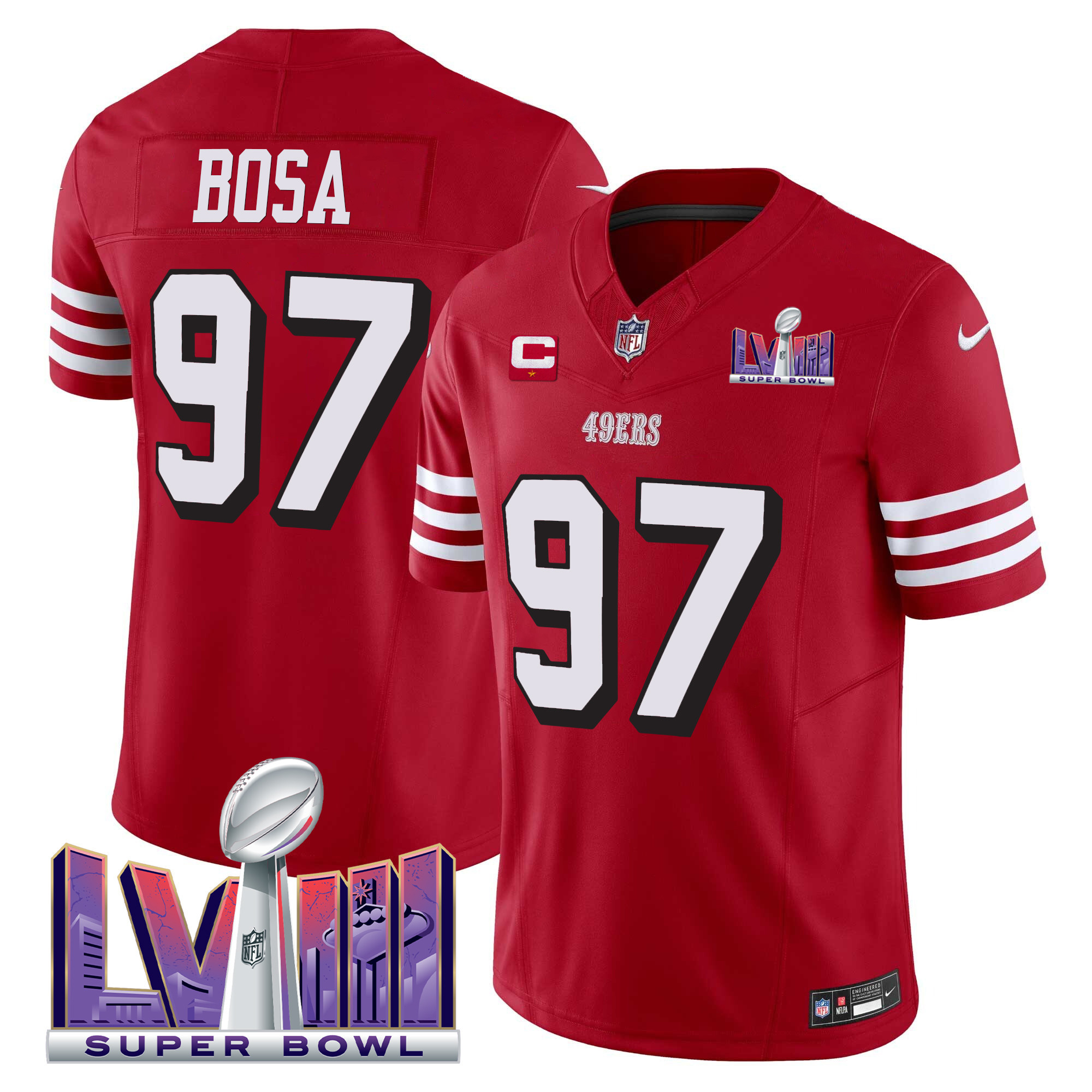 Men's Nick Bosa San Francisco 49ers Super Bowl LVIII Patch Vapor Limited Red Jersey V2 - All Stitched