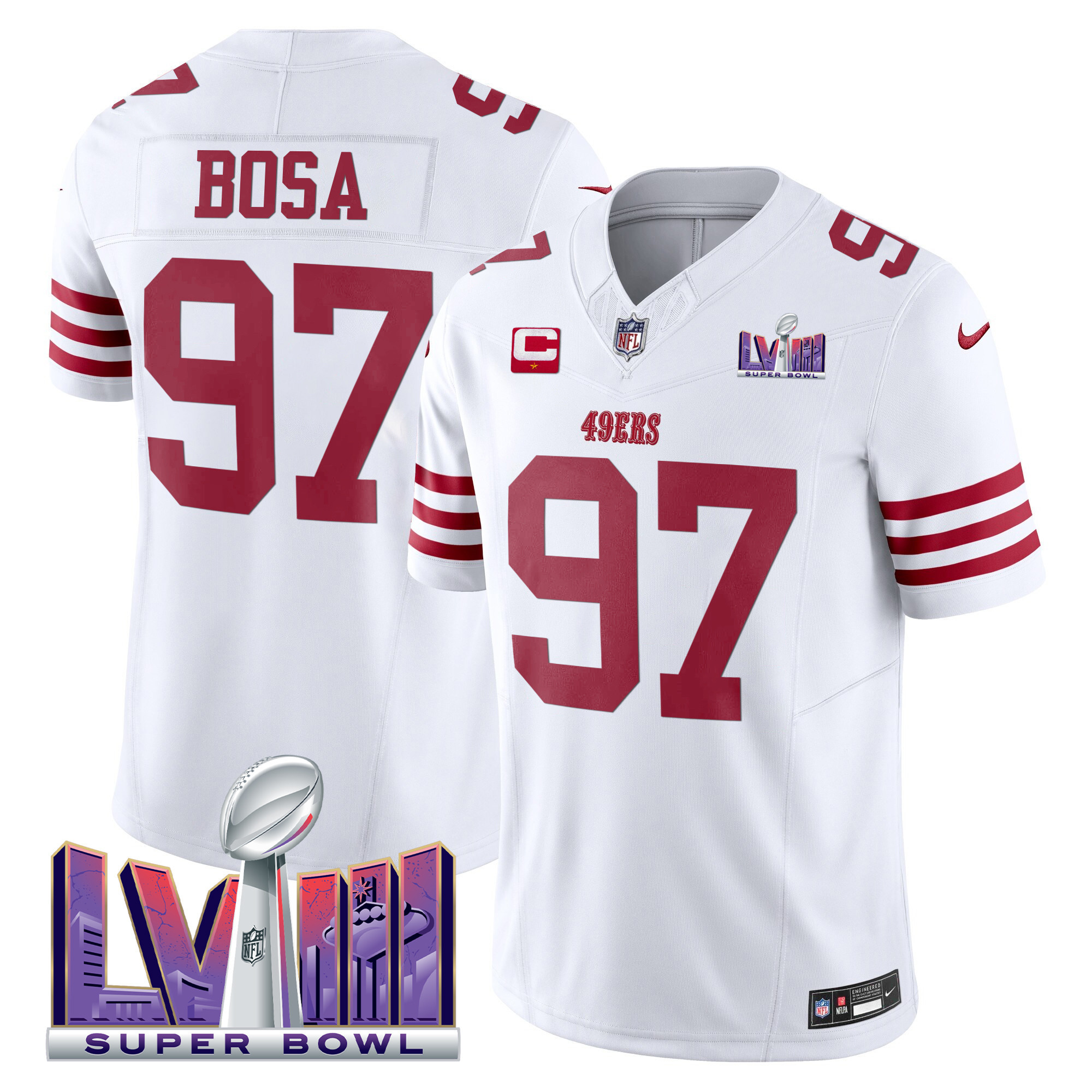 Men's Nick Bosa San Francisco 49ers Super Bowl LVIII Patch Vapor Limited White Jersey - All Stitched
