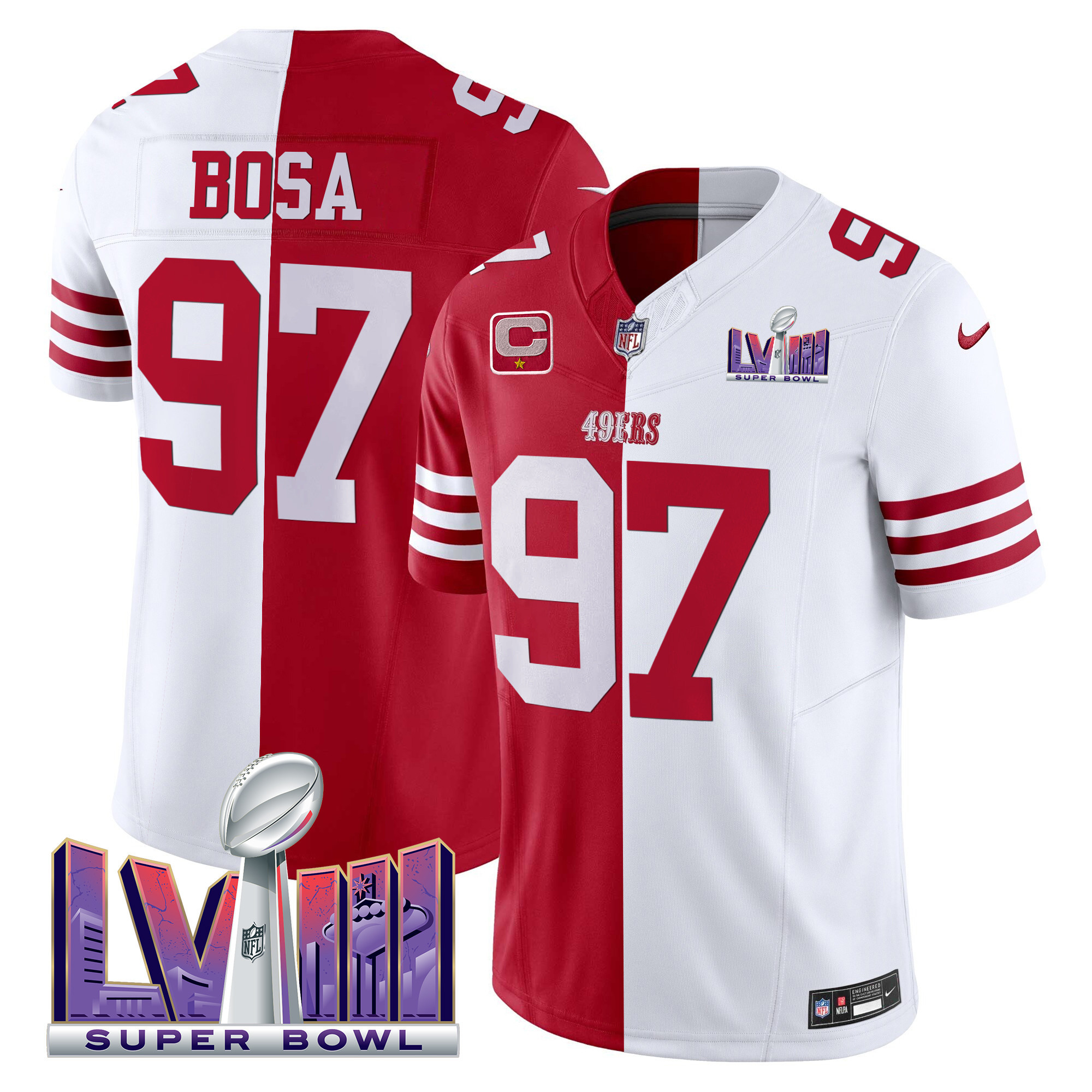 Men's Nick Bosa San Francisco 49ers Super Bowl LVIII Patch Vapor Split Jersey V2 - All Stitched