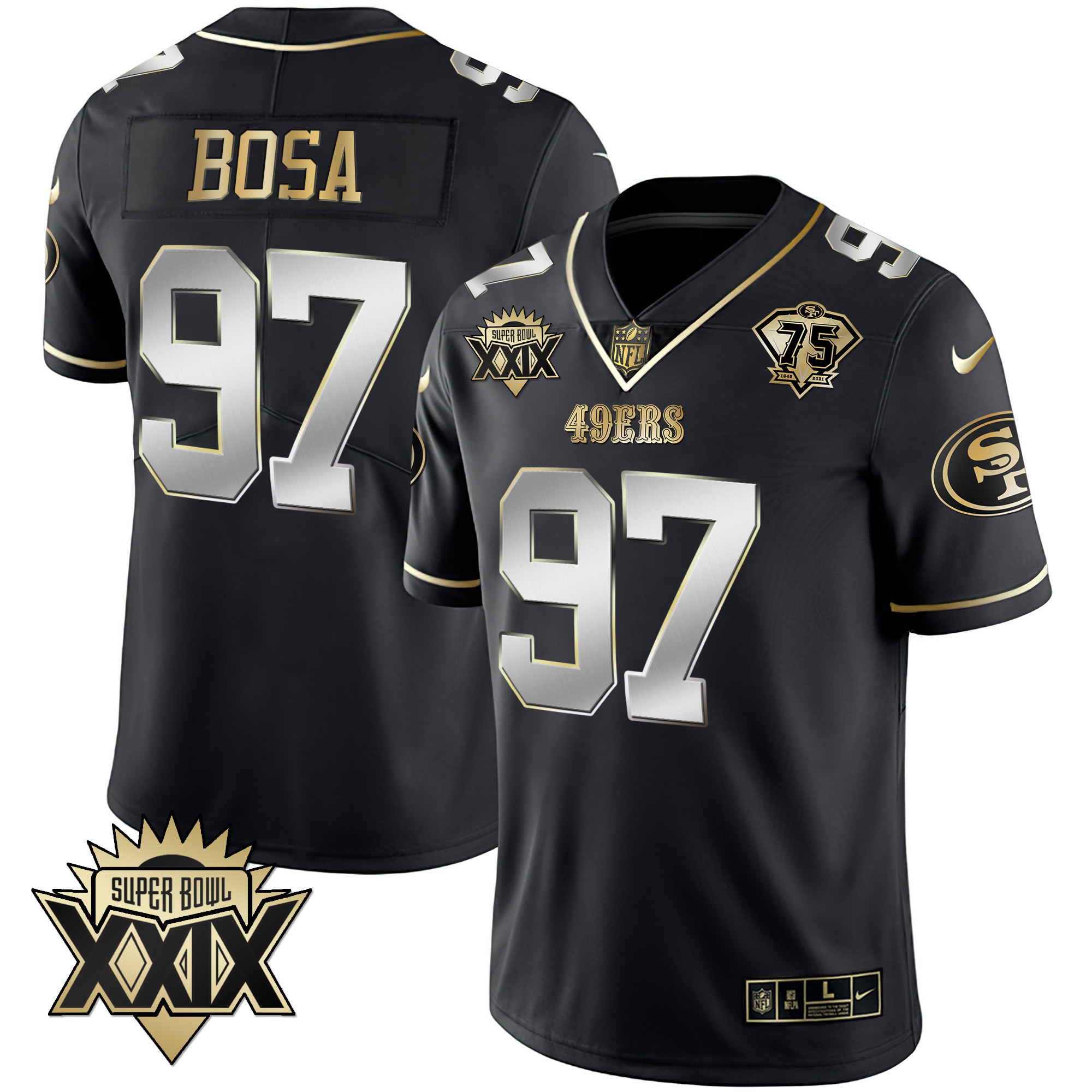 Men's Nick Bosa San Francisco 49ers Super Bowl XXIX Patch Black Red Gold Black Limited Jersey - All Stitched