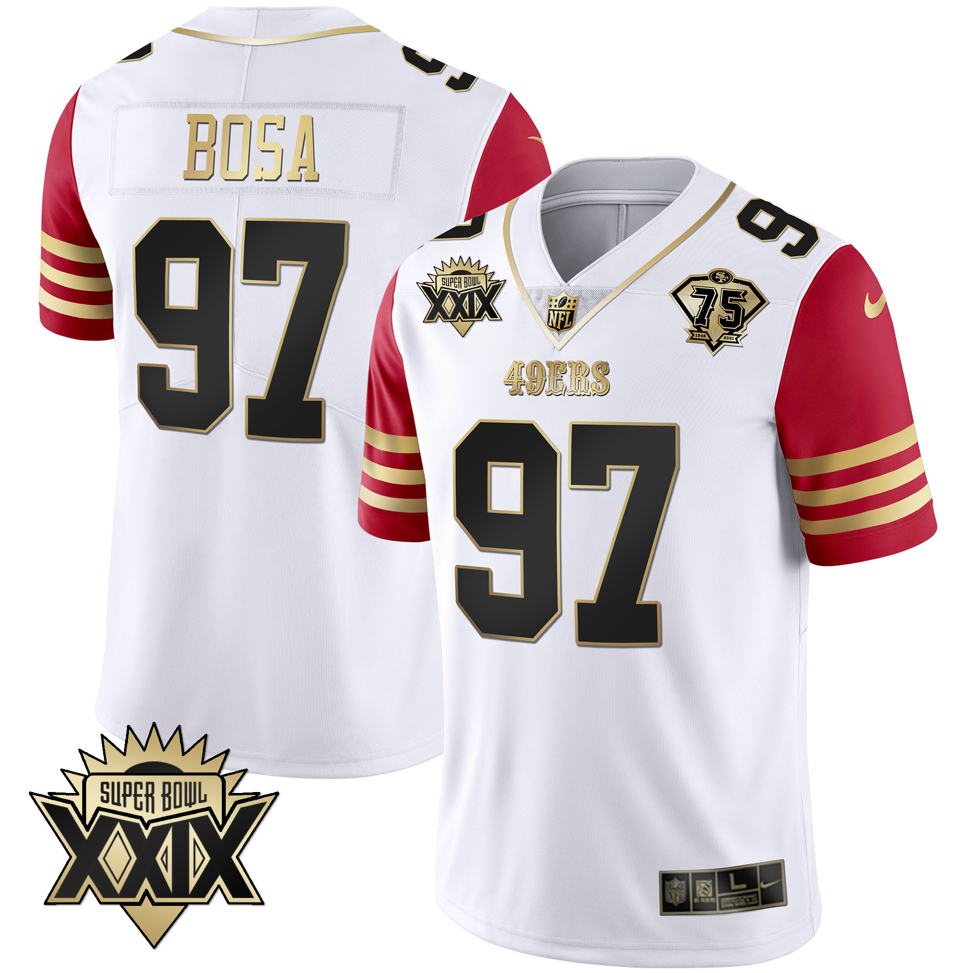 Men's Nick Bosa San Francisco 49ers Super Bowl XXIX Patch Black Red Gold Red Sleeve Jersey - All Stitched