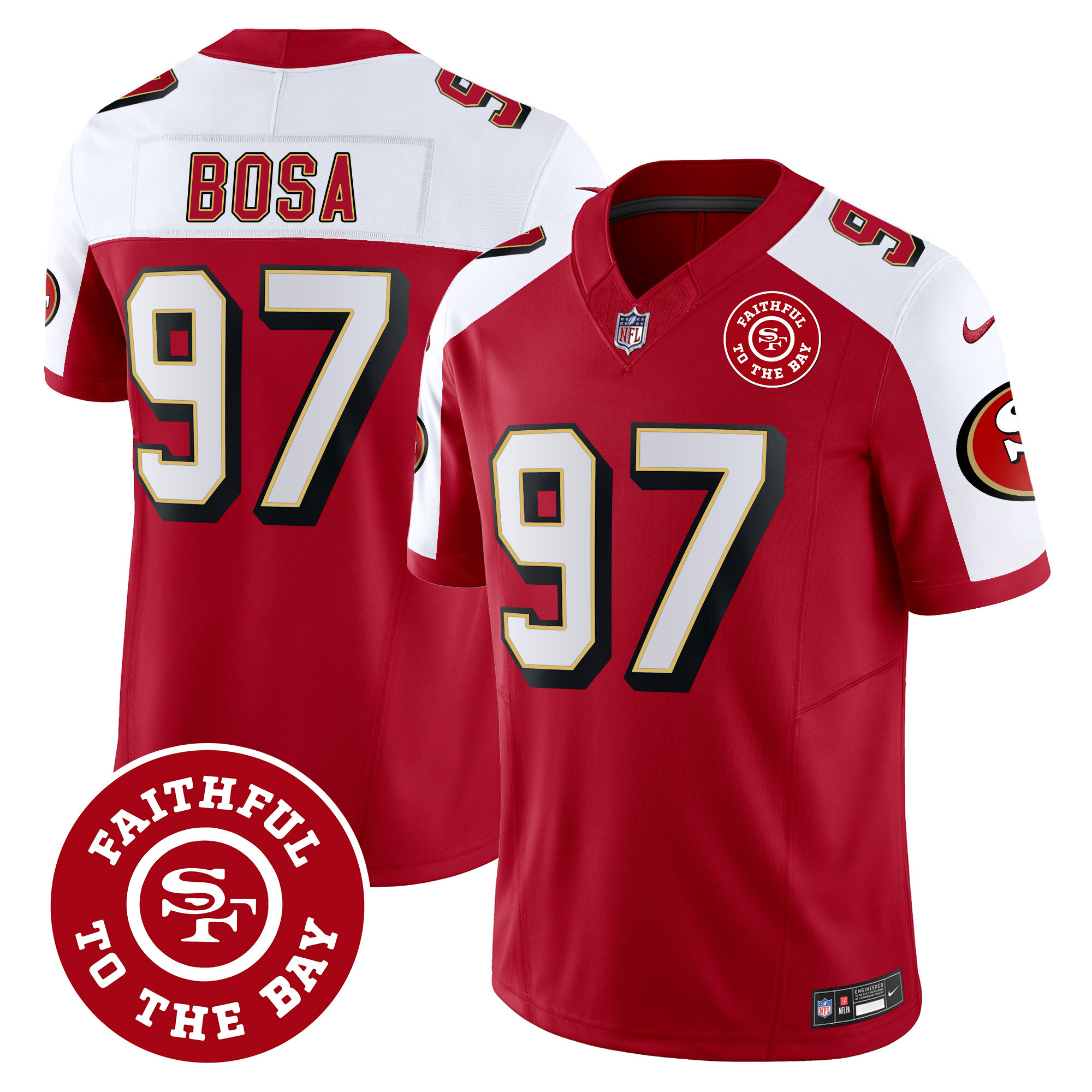 Men's Nick Bosa San Francisco 49ers Throwback Faithful To The Bay Patch Vapor Limited Alternate Jersey - All Stitched